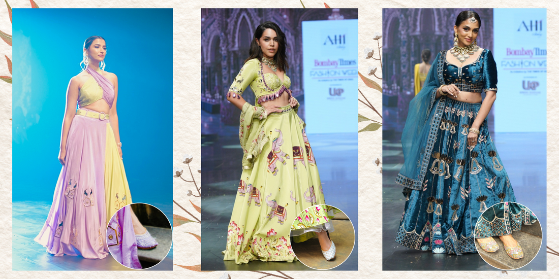 Inflencers showcasing Tradsew juttis for women at Bombay Times fashion week 2024