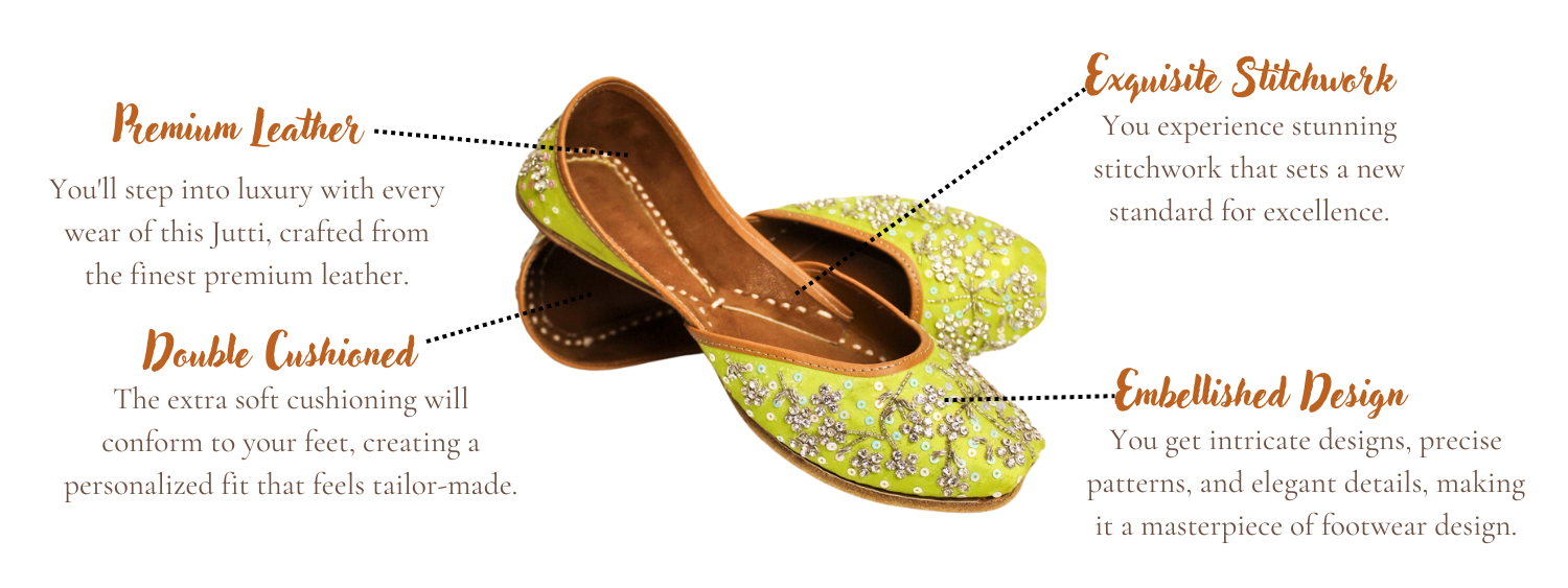 Featuring the highlights of Anushka Green punjabi jutti for ladies by tradsew.
