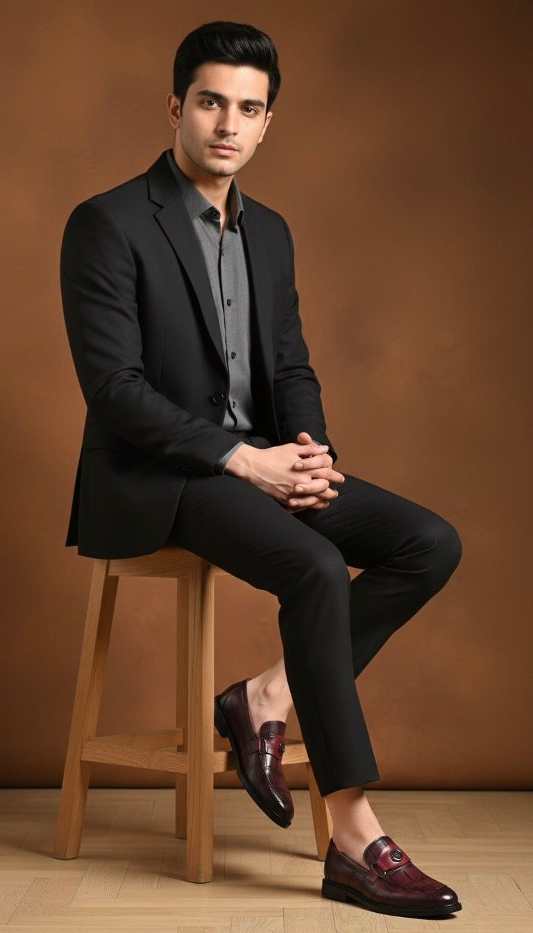 Man in a black suit sitting on a wooden stool against a brown background