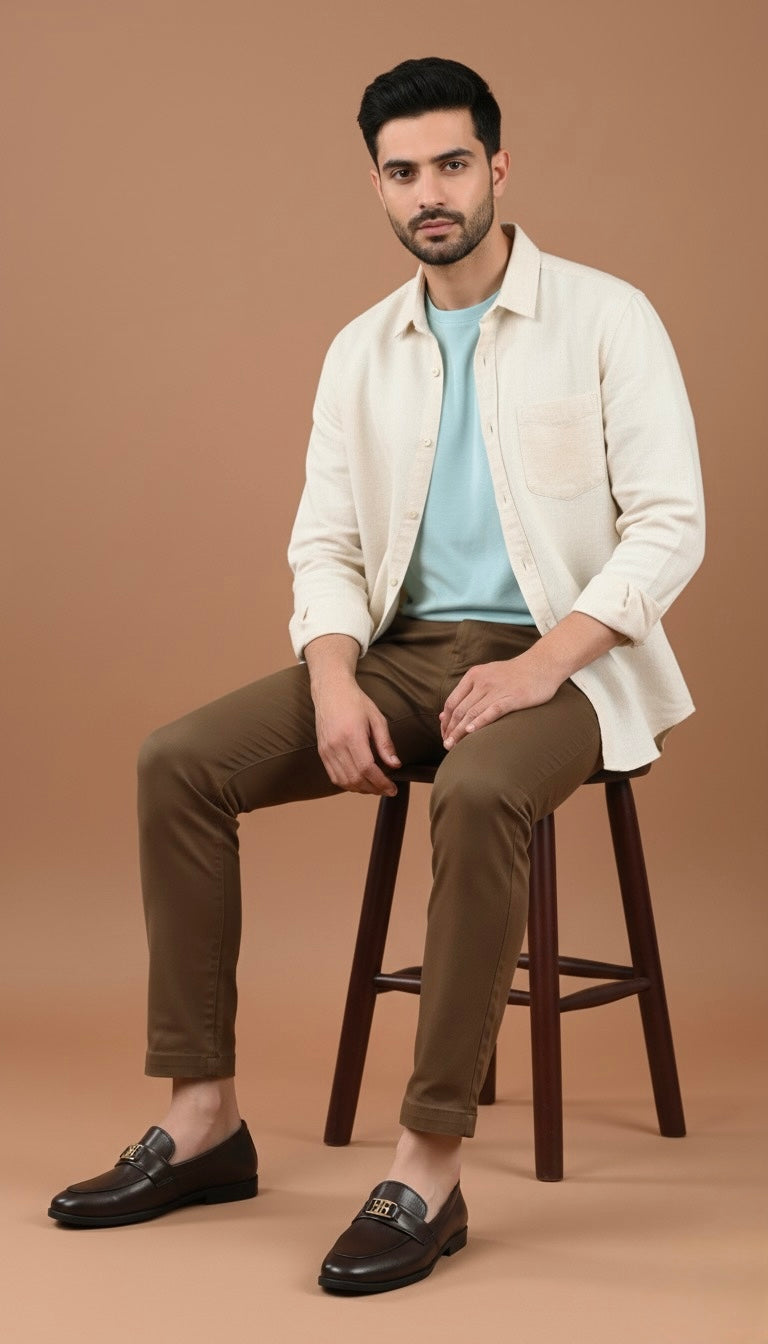 Man sitting on a stool wearing a light-colored shirt, brown pants, and black shoes against a brown background