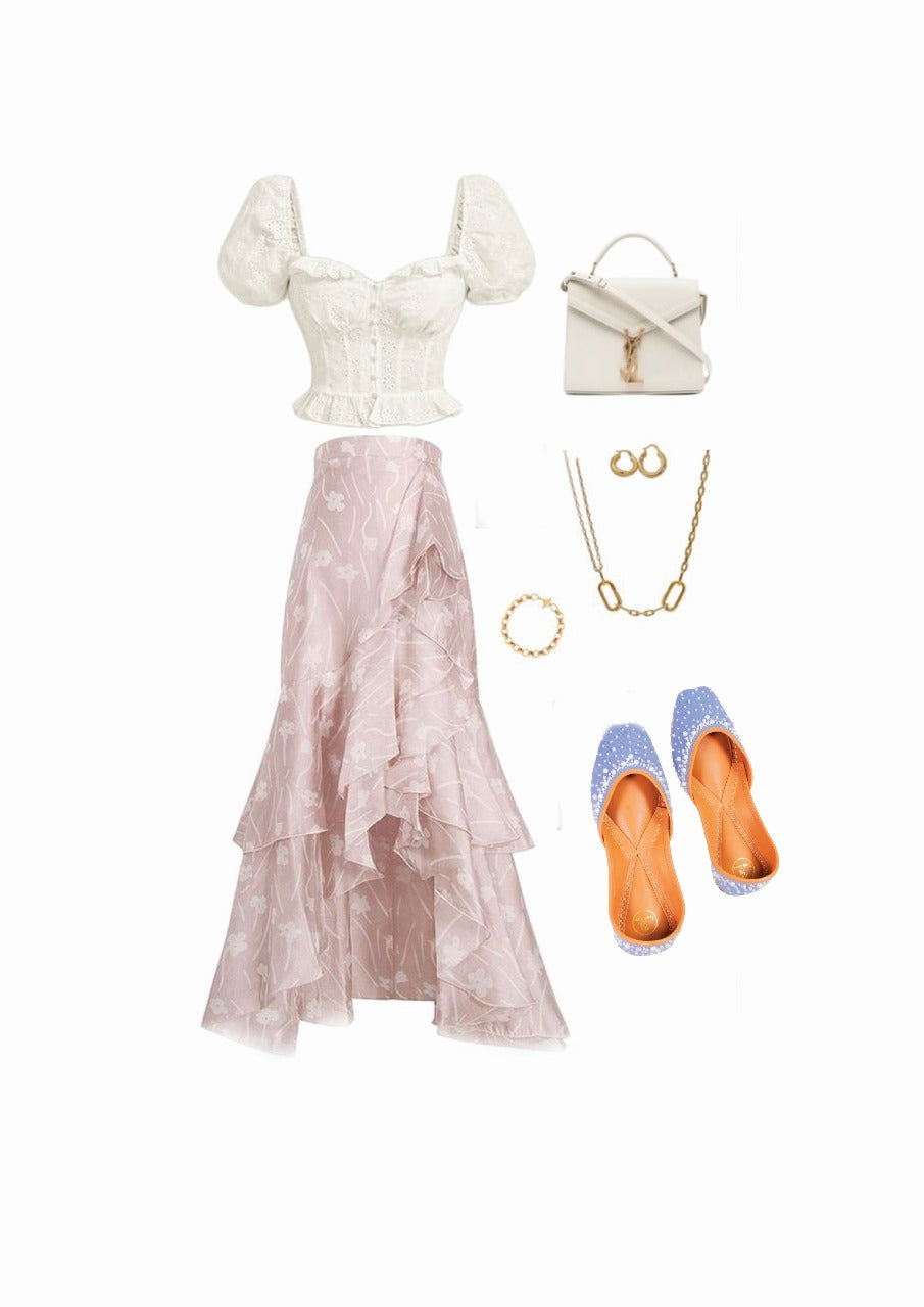 Outfit inspiration with Pearl designer denim punjabi jutti for women by Trdasew