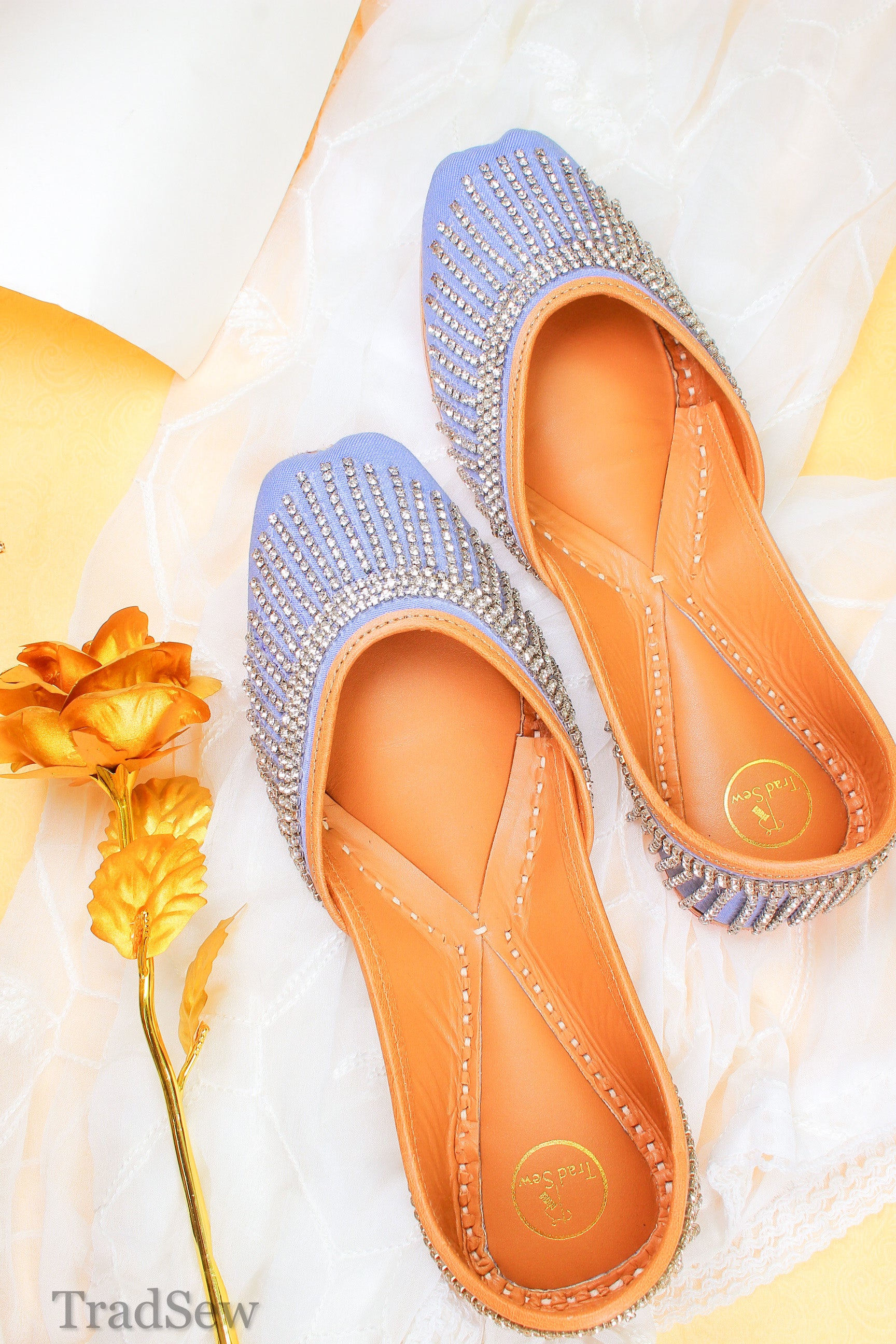 Crown jewel necklace style denim punjabi jutti for women by tradsew