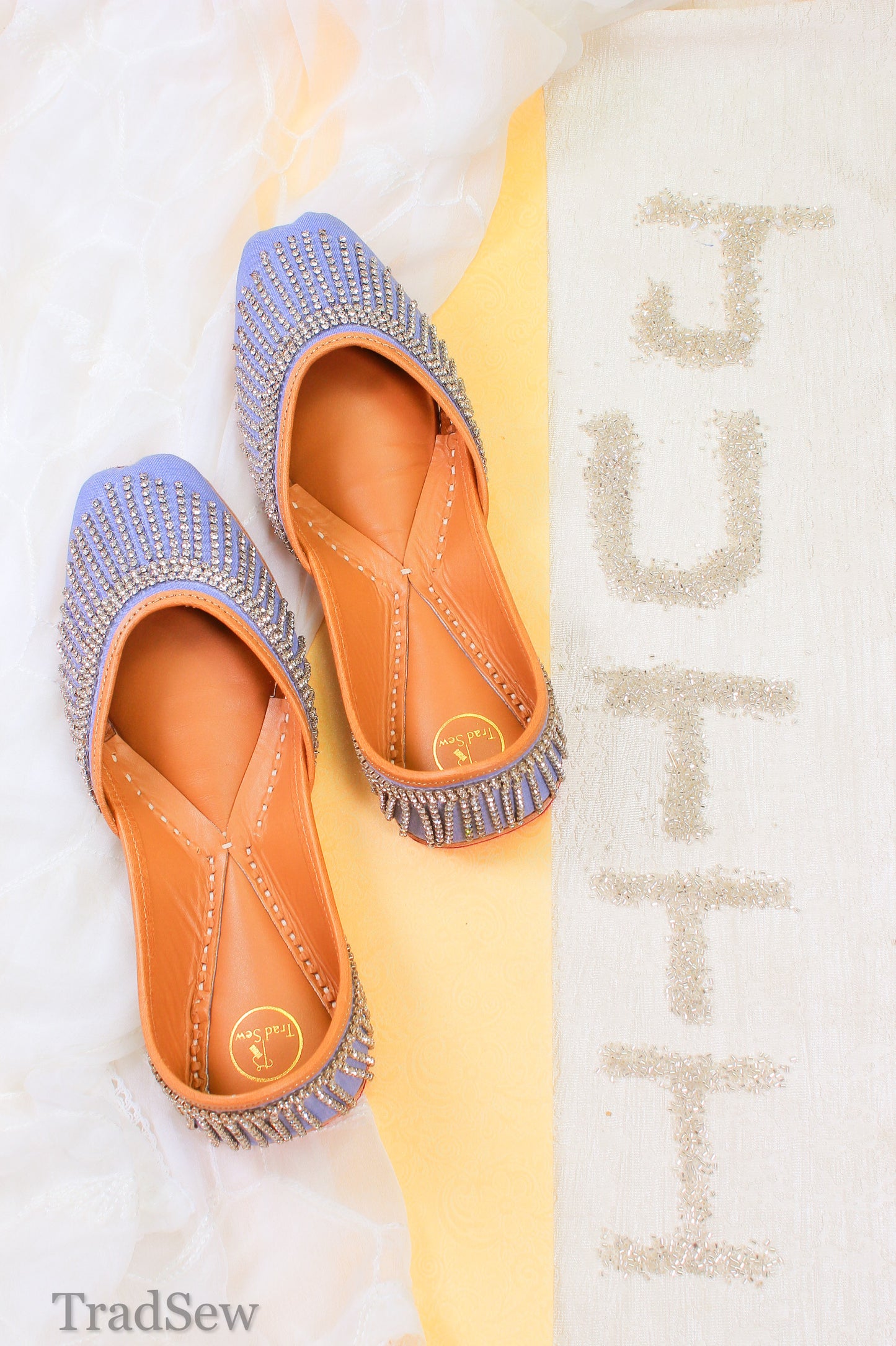 Crown jewel necklace style denim punjabi jutti for women by tradsew