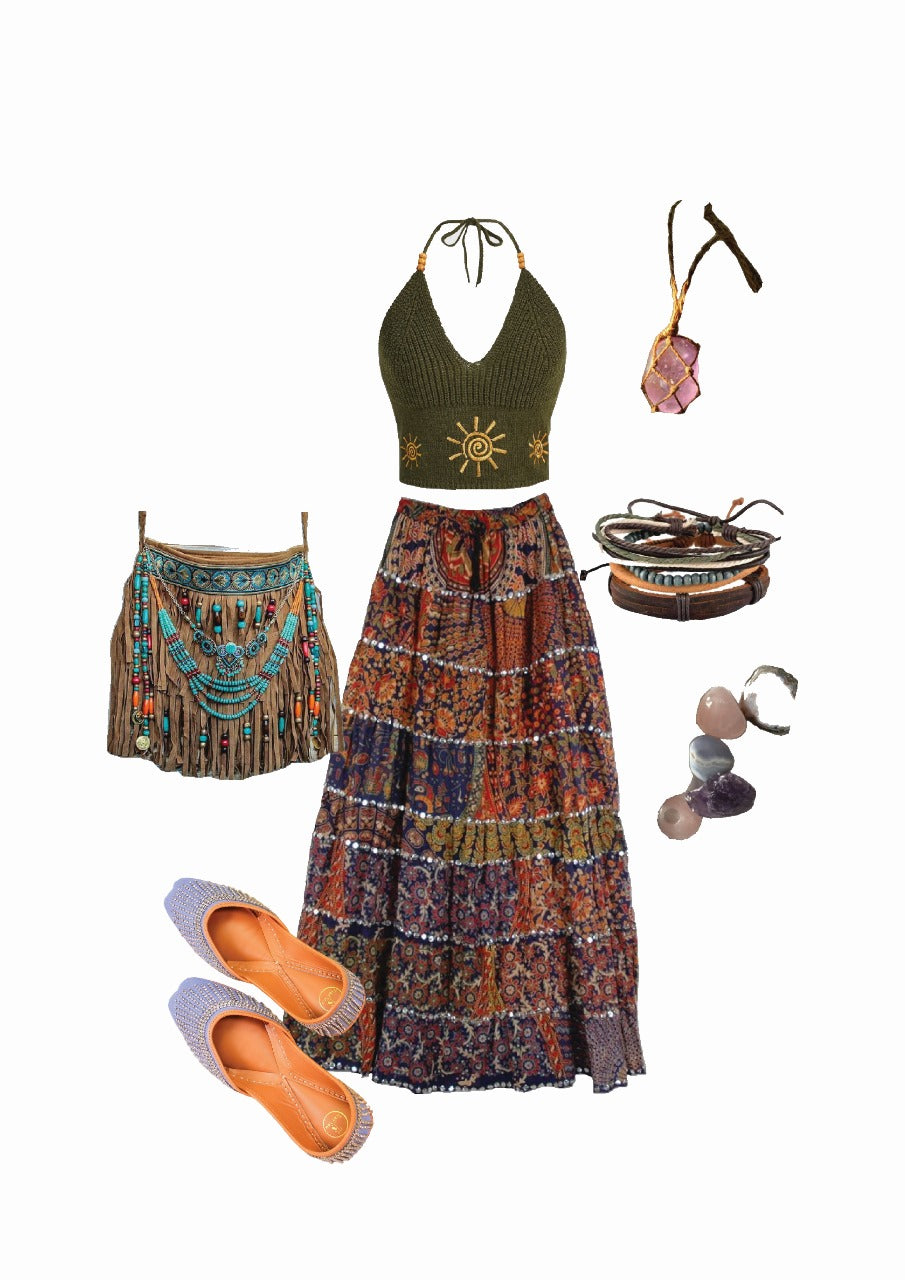 Outfit inspiration with Crown jewel necklace style denim punjabi jutti for women by tradsew