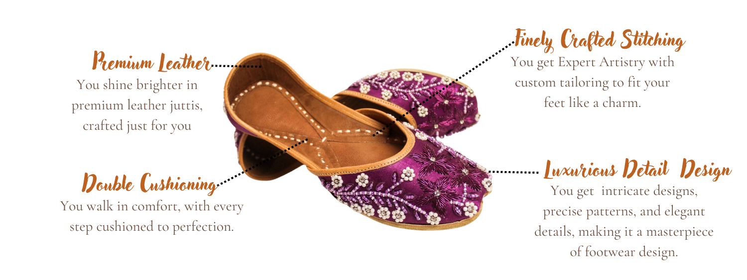 Feature highlights of regal amethyst purple punjabi jutti for ladies by tradsew