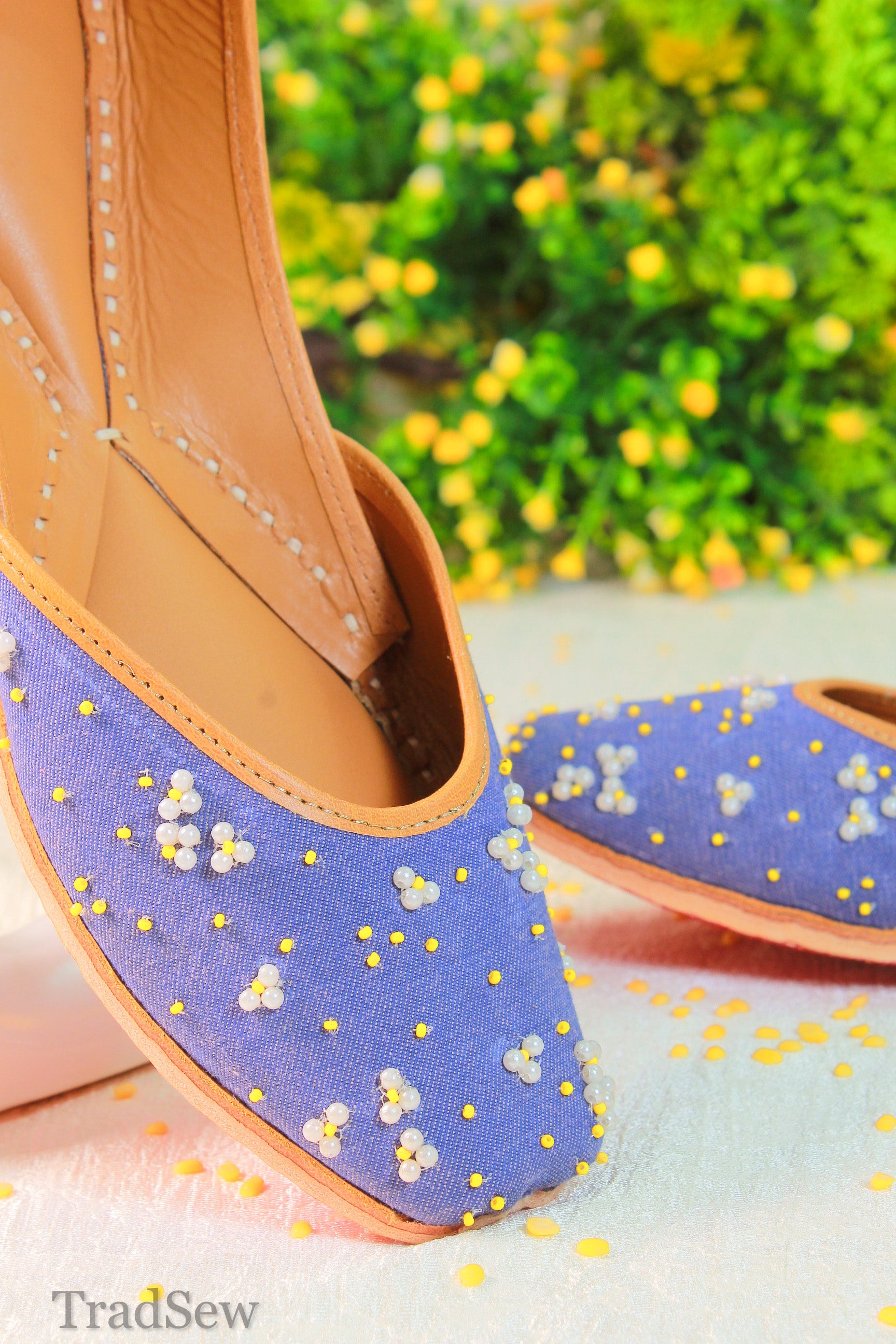 Pearl and beadwork denim punjabi jutti for women by tradsew