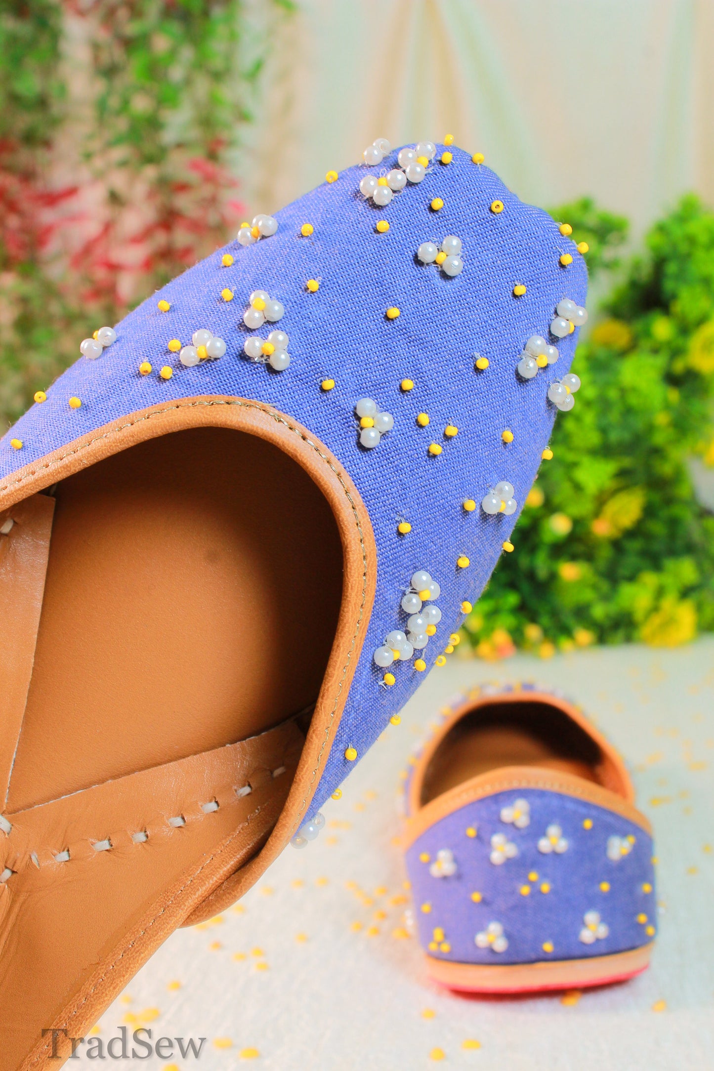 Pearl and beadwork denim punjabi jutti for women by tradsew