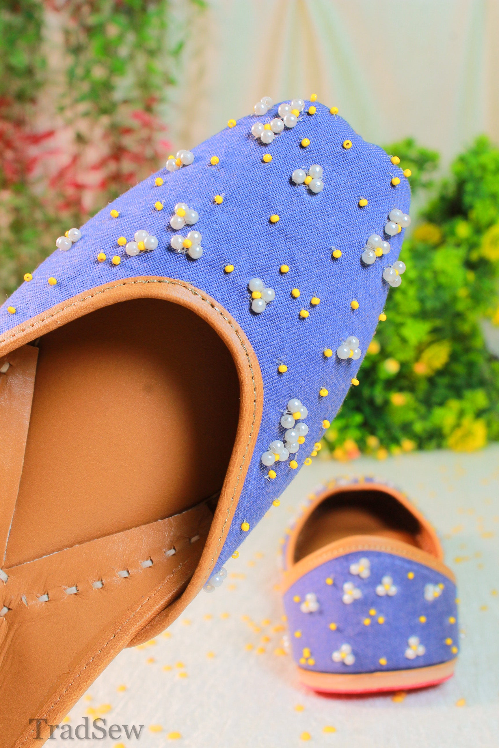 Pearl and beadwork denim punjabi jutti for women by tradsew