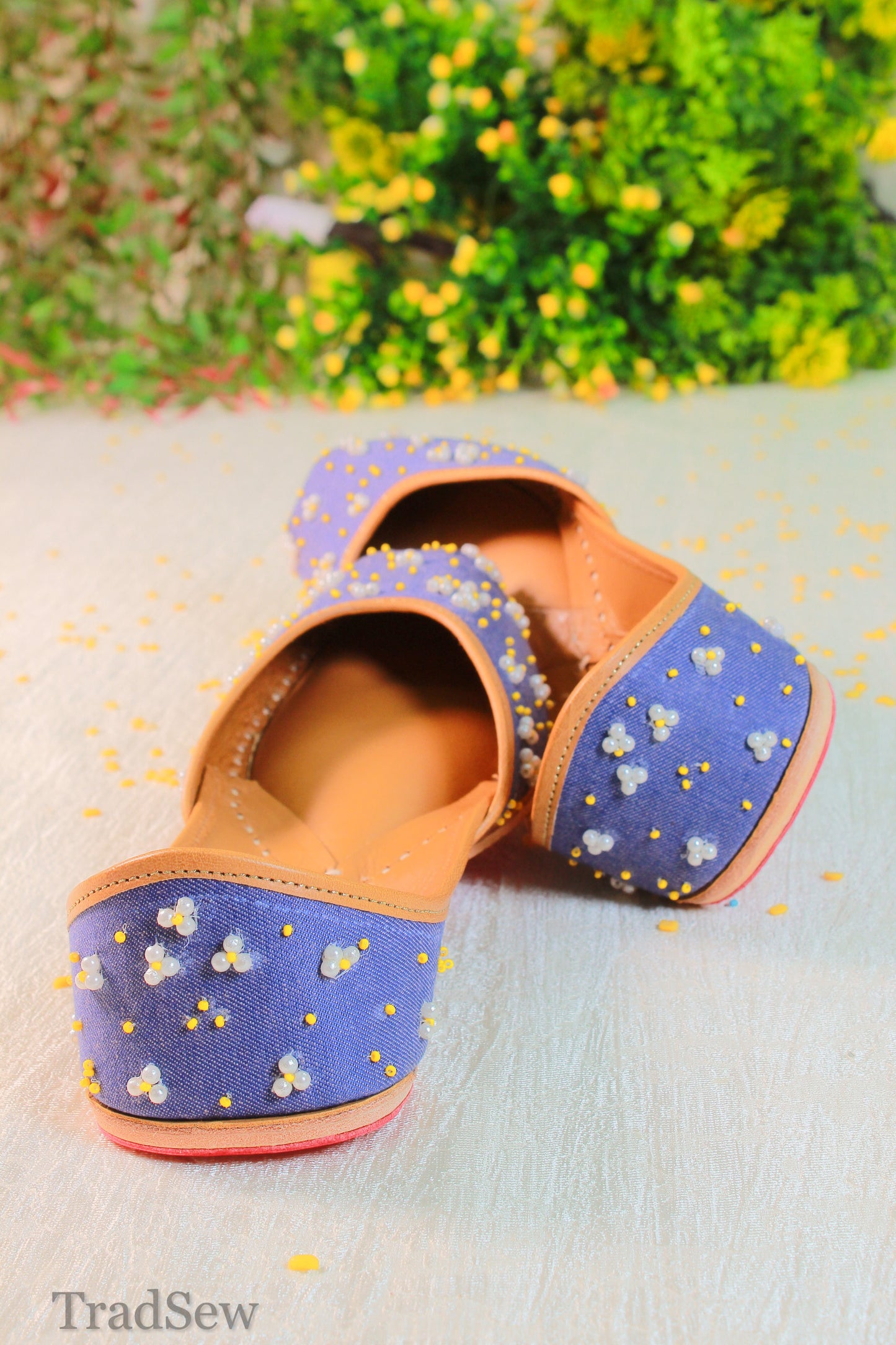 Pearl and beadwork denim punjabi jutti for women by tradsew