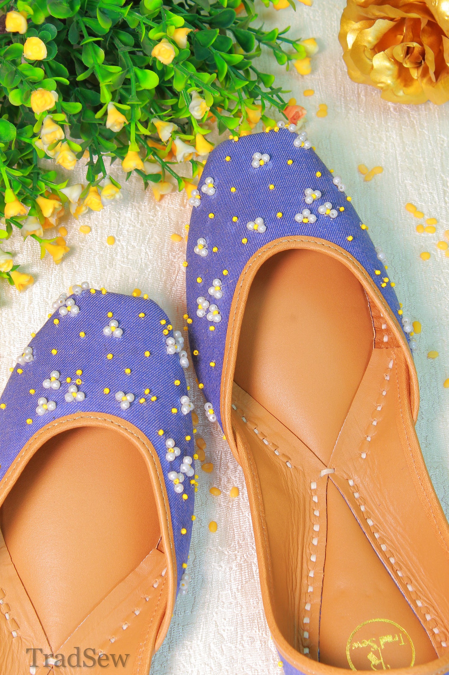 Pearl and beadwork denim punjabi jutti for women by tradsew