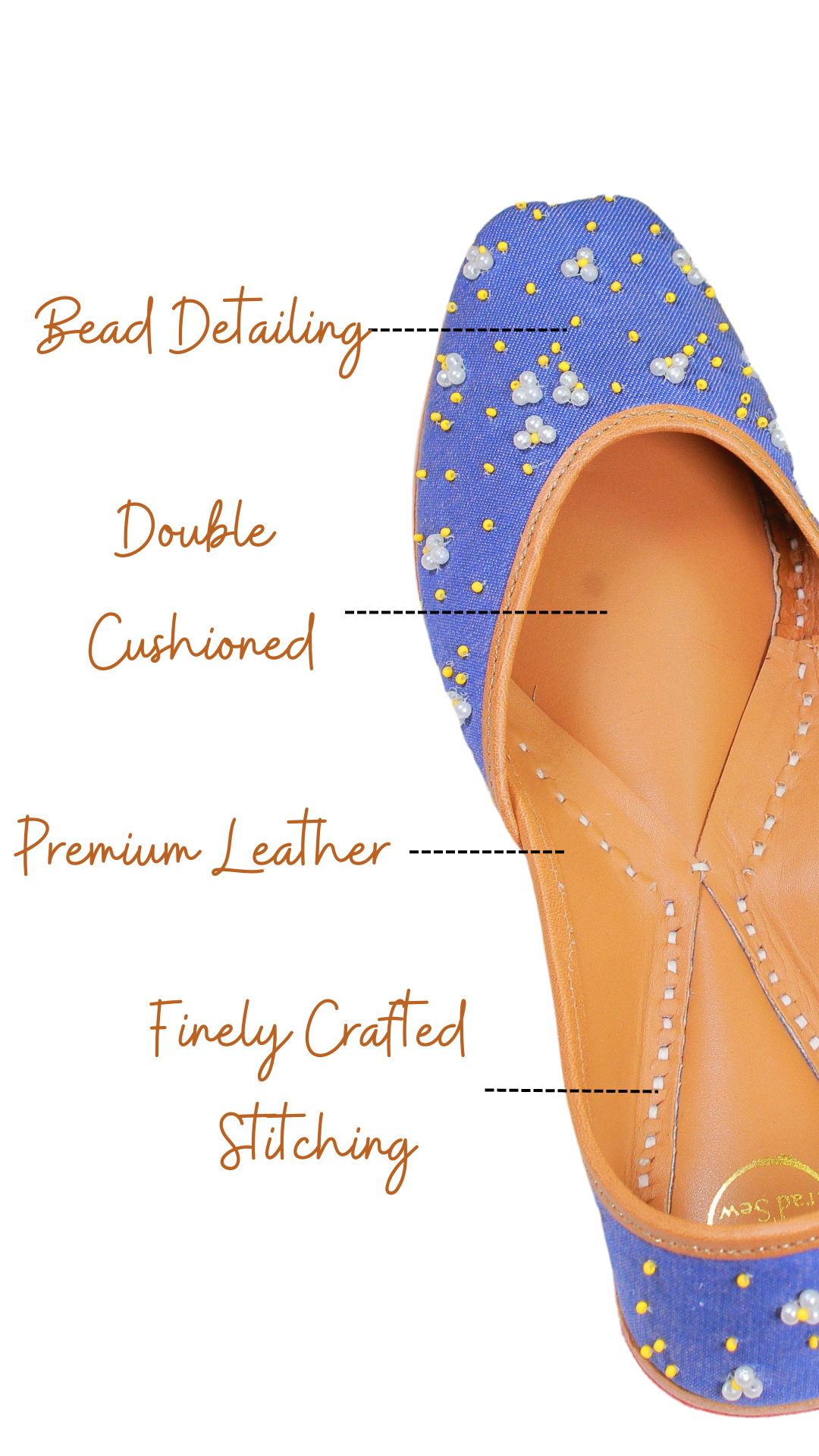 Pearl and beadwork denim punjabi jutti for women by tradsew