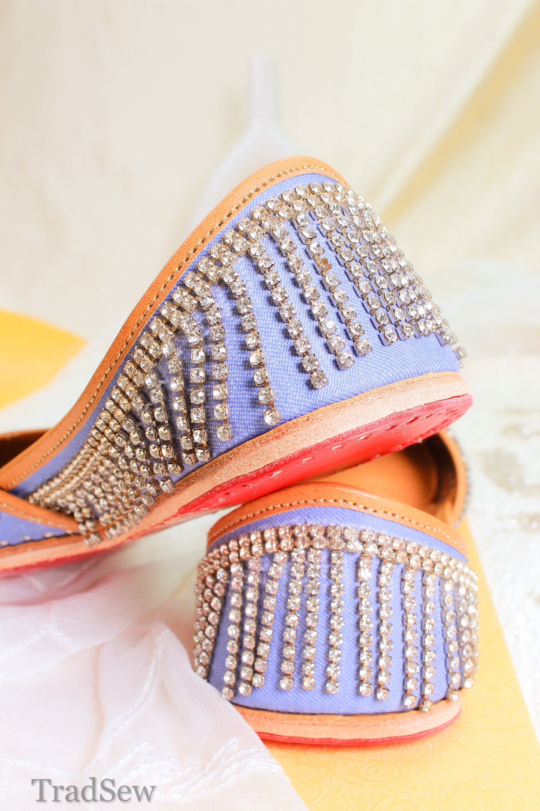 Crown jewel necklace style denim punjabi jutti for women by tradsew