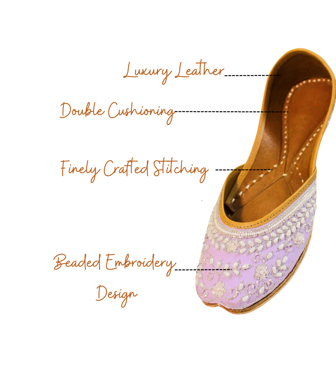 Featuring Luxury leather, Double cushioning, Finely crafted stitching and Beaded embroidery design.