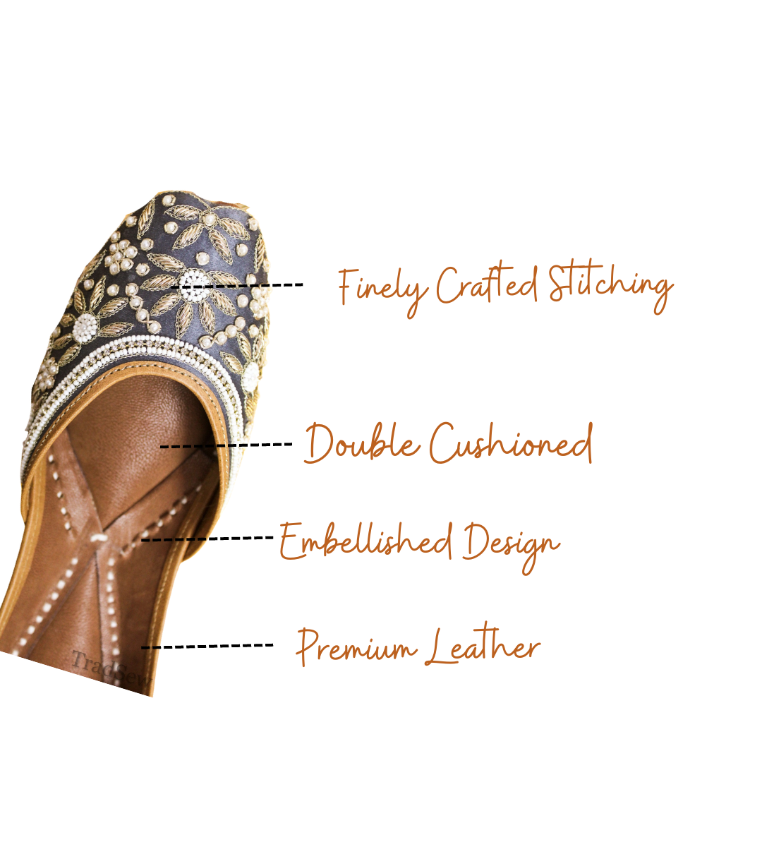 Featuring highlights of Nihal grey punjabi juti for ladies by tradsew