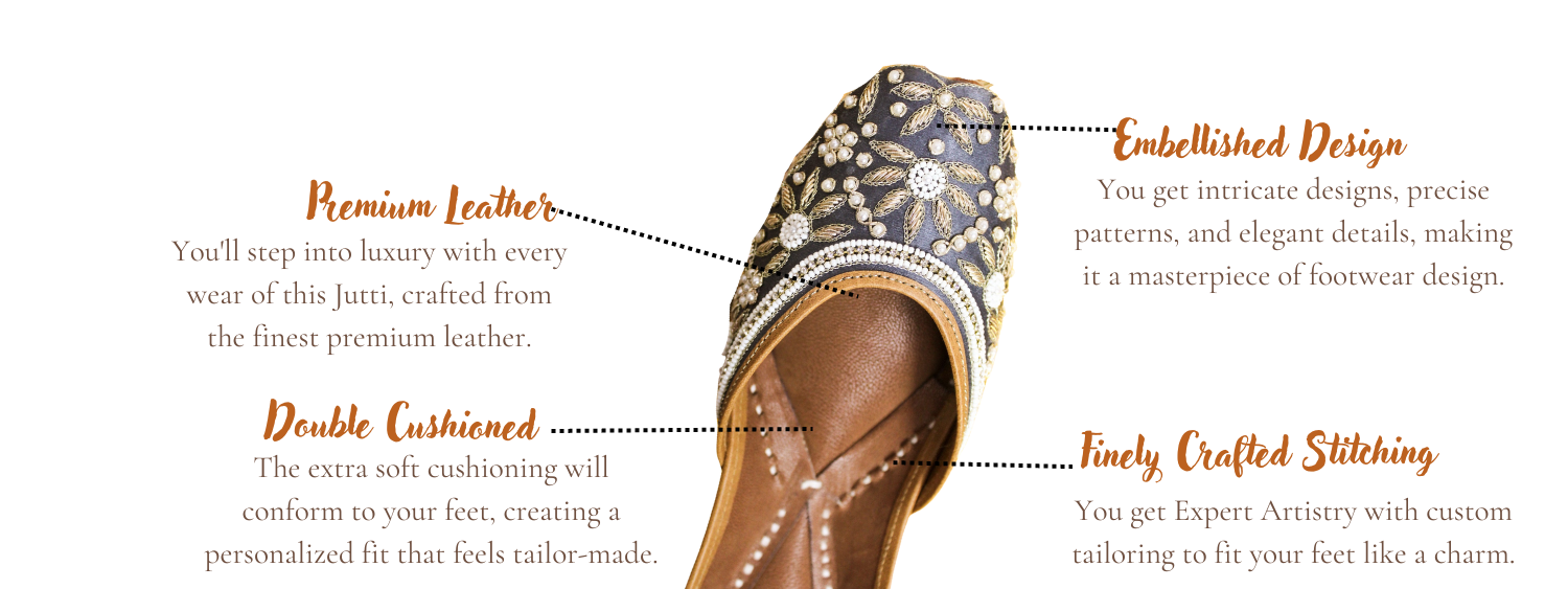 Featuring highlights of Nihal grey punjabi juti for ladies by tradsew