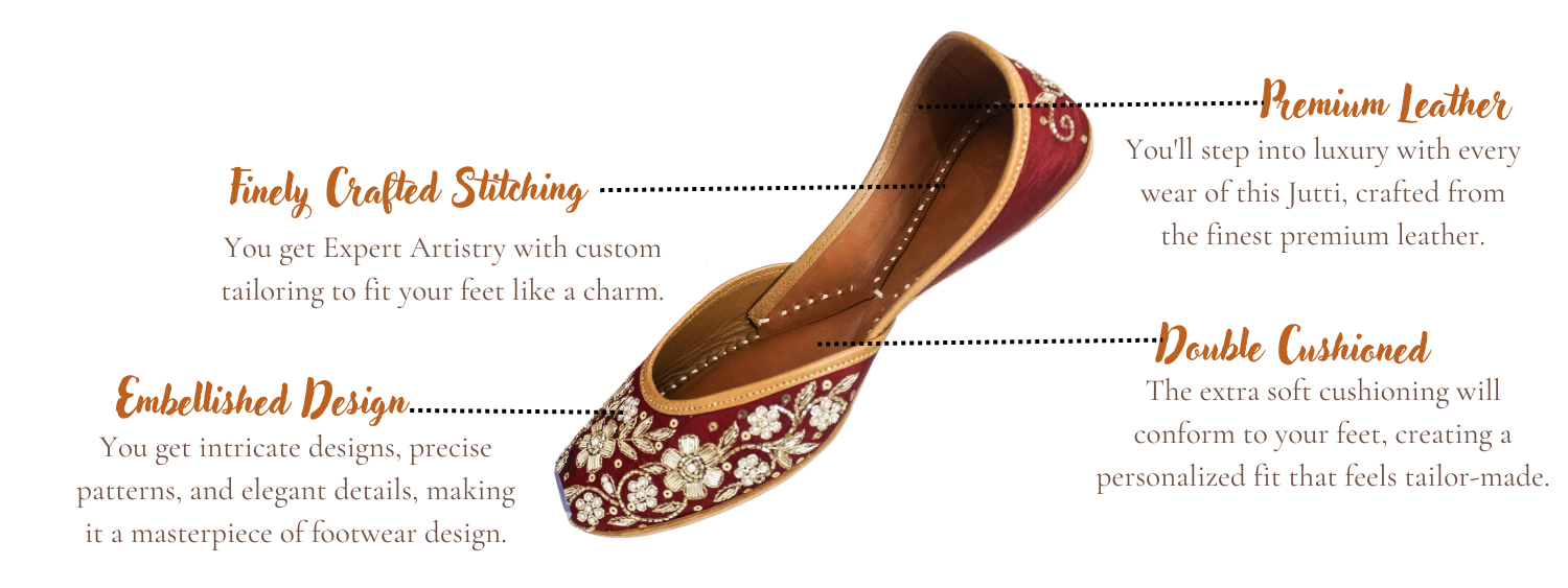 Featuring highlights of opulent maroon gold punjabi jutti for ladies by tradsew