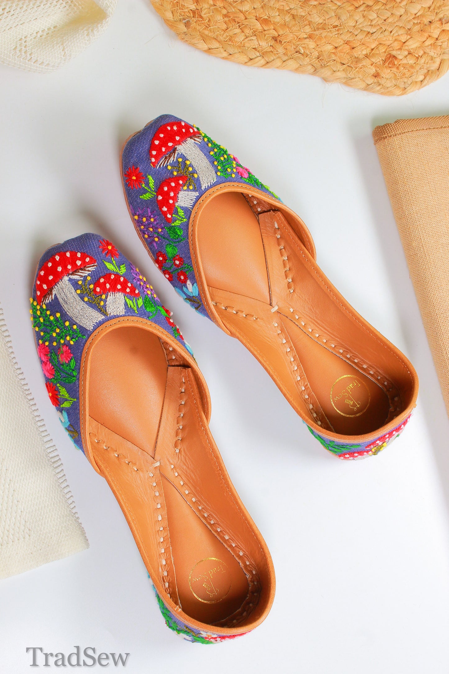 Mushroom embroidery on Denim Jutti, Punjabi jutti for women by tradsew.