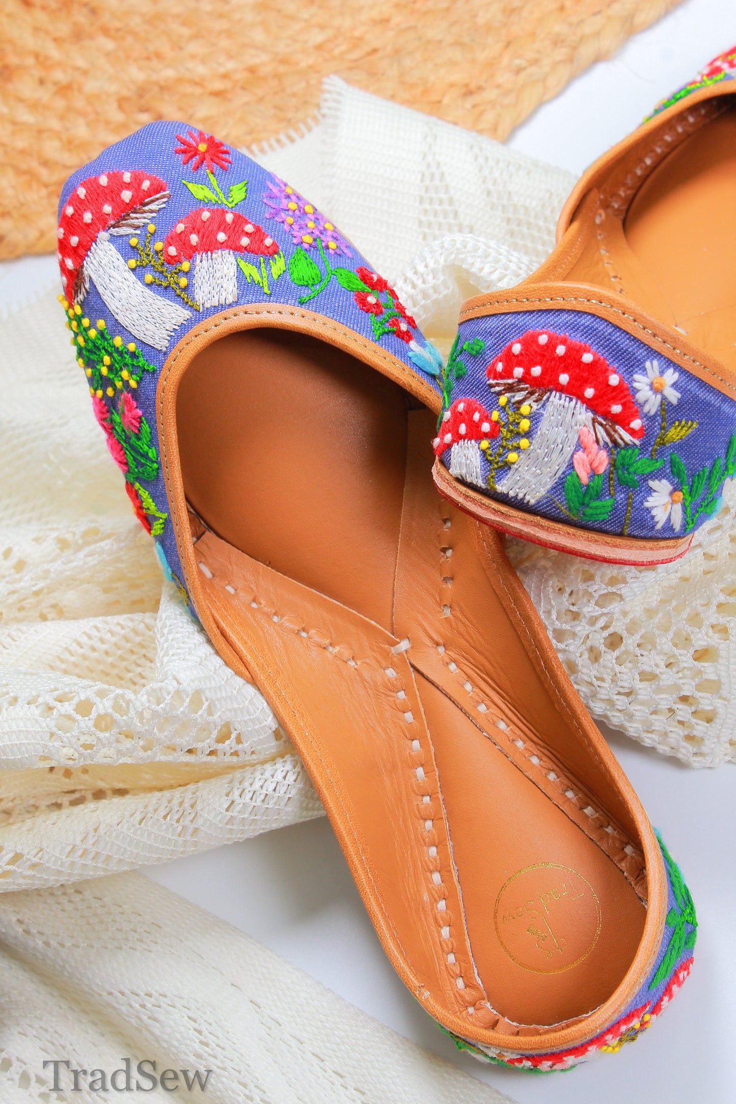 Mushroom embroidery on Denim Jutti, Punjabi jutti for women by tradsew.