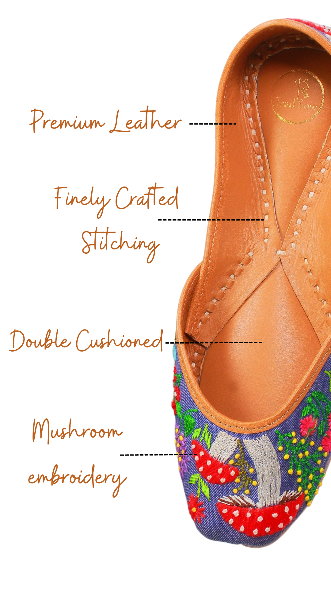Mushroom embroidery on Denim Jutti, Punjabi jutti for women by tradsew.