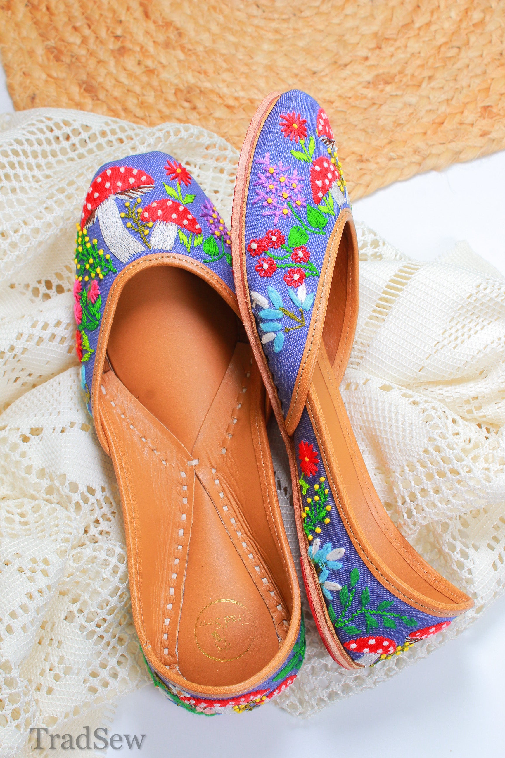 Mushroom embroidery on Denim Jutti, Punjabi jutti for women by tradsew.
