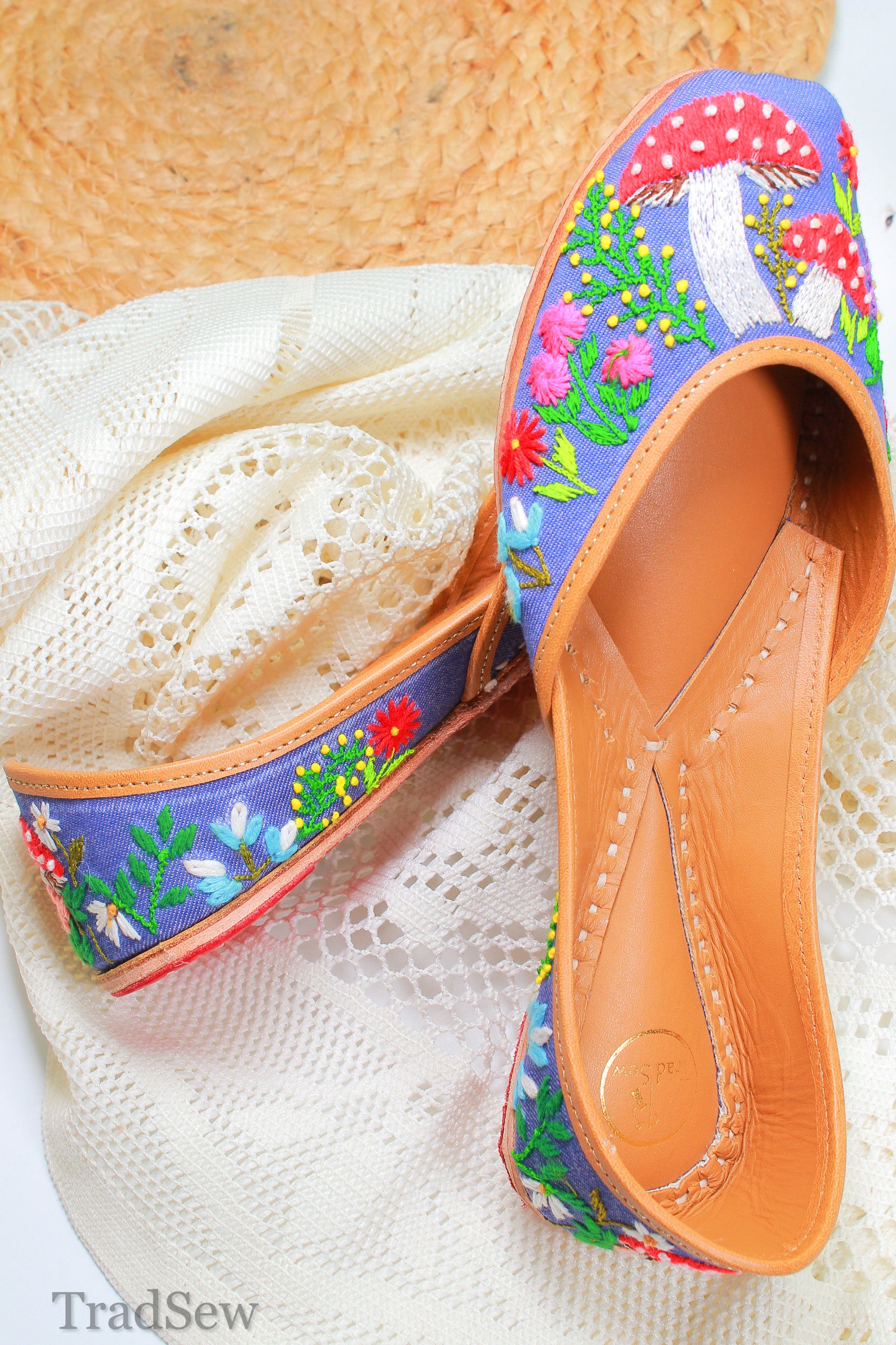 Mushroom embroidery on Denim Jutti, Punjabi jutti for women by tradsew.