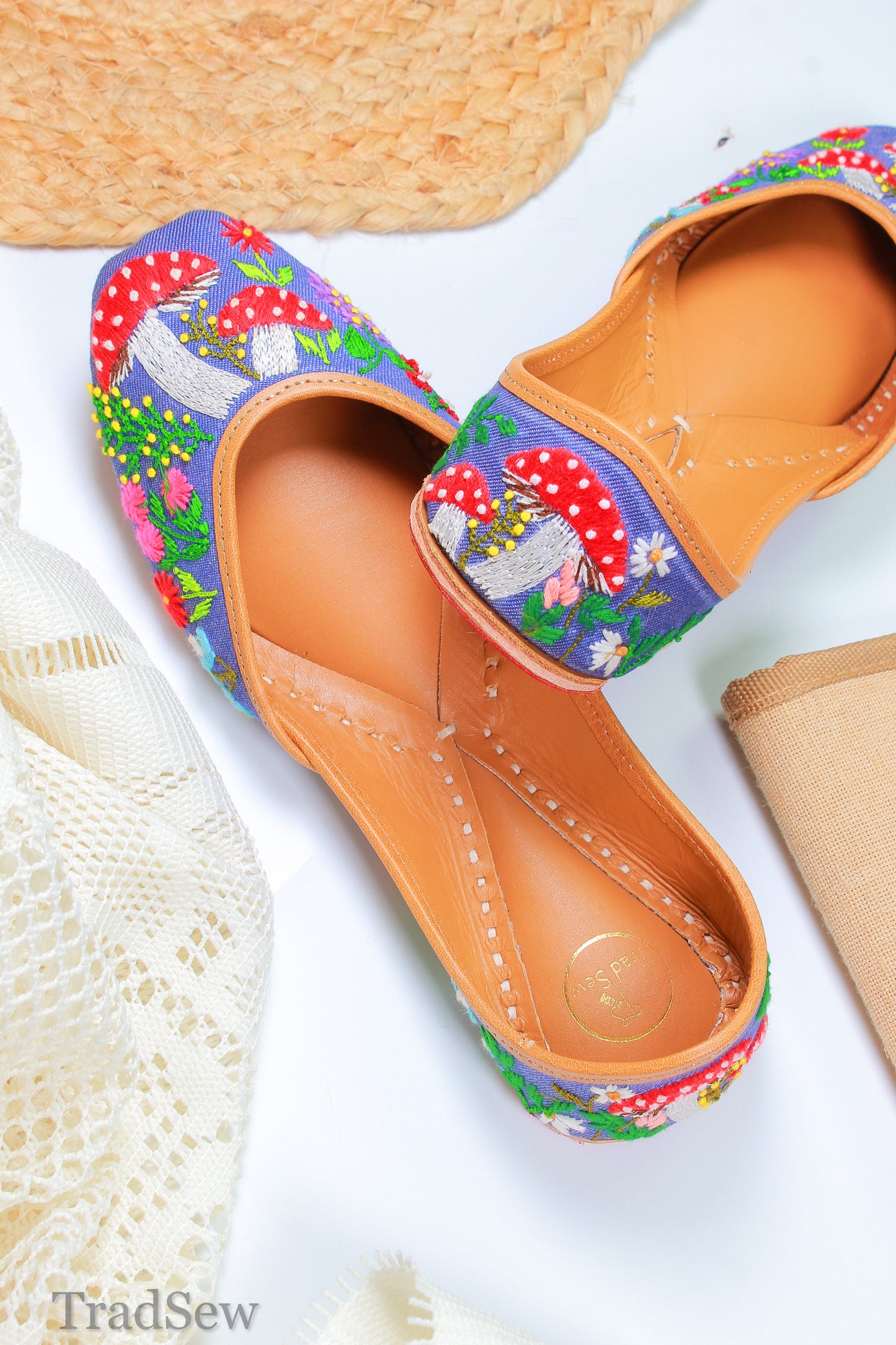 Mushroom embroidery on Denim Jutti, Punjabi jutti for women by tradsew.