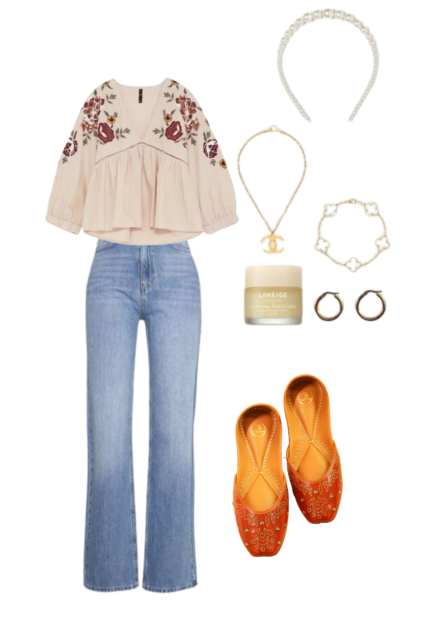Lookbook for styling mohini brown leather punjabi jutti for women with a ethnic flared top and washed bootcut jeans