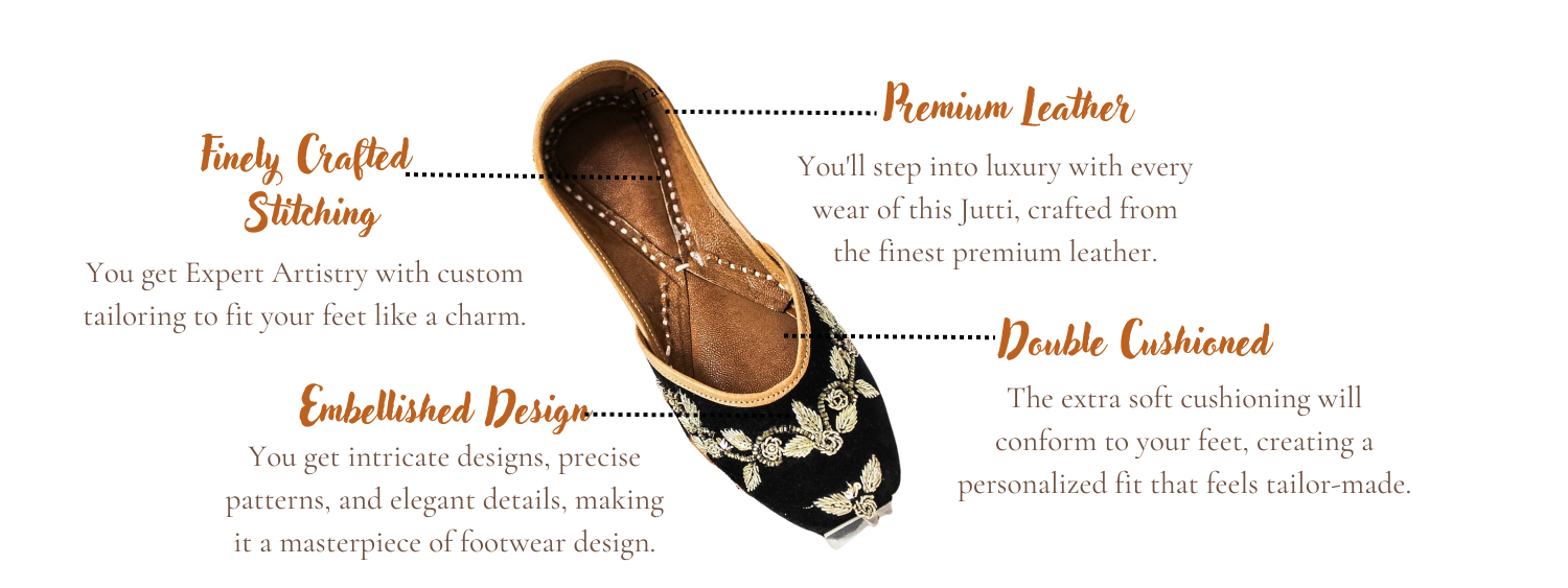 Featuring highlights of Tanvi black punjabi jutti for ladies by tradsew