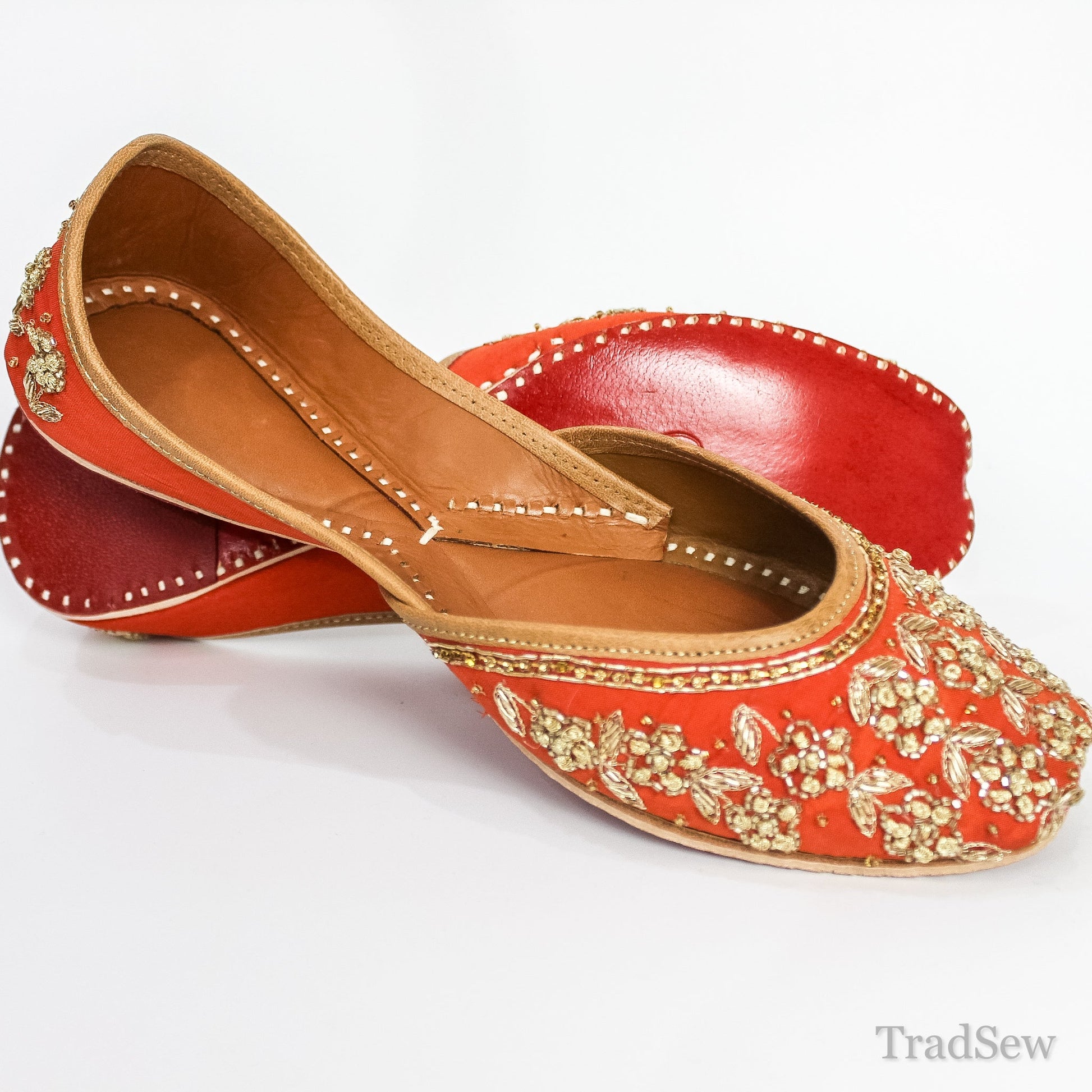 Traditional Red & Gold Ornate Leather Juttis by Tradsew