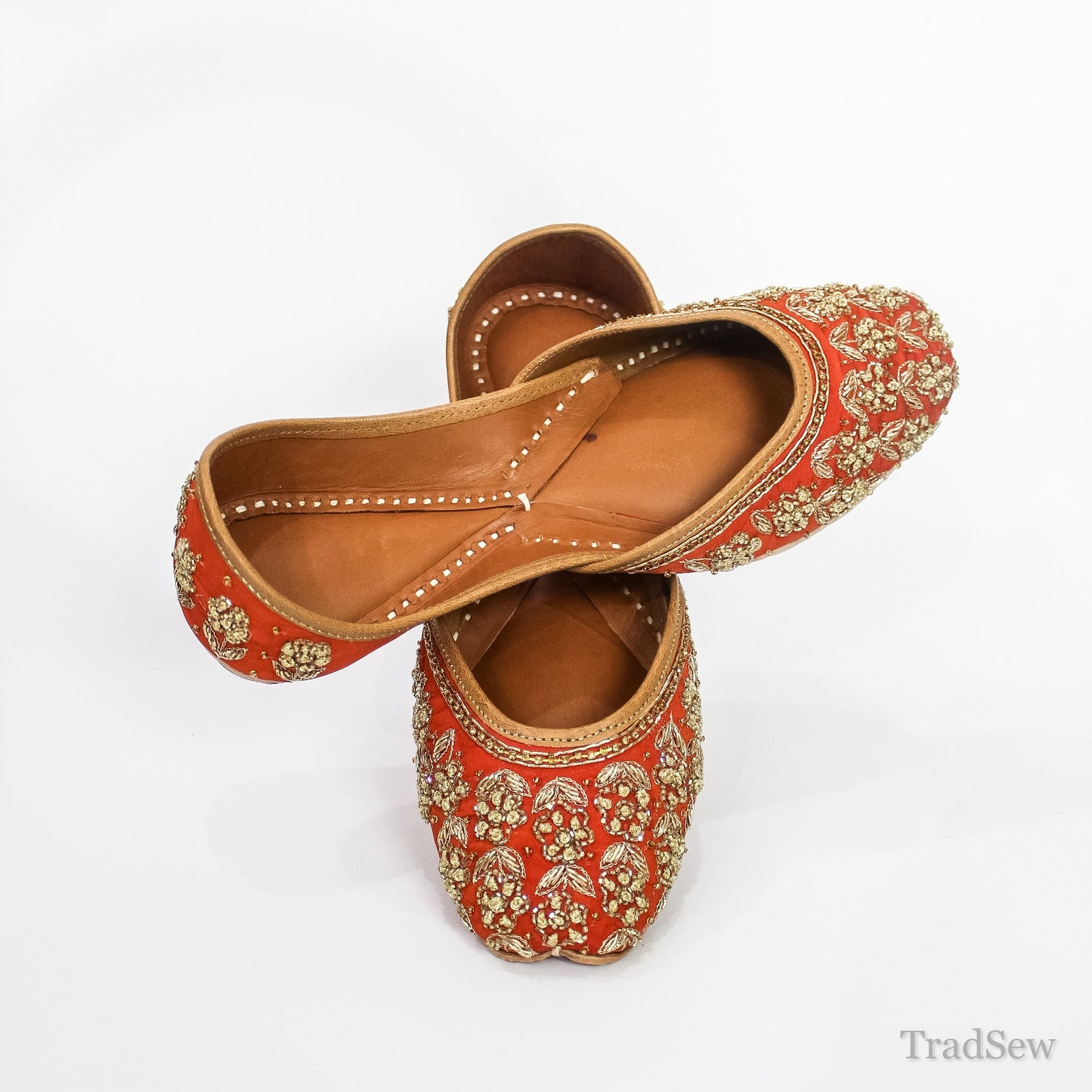 Traditional Red & Gold Ornate Leather Juttis by Tradsew