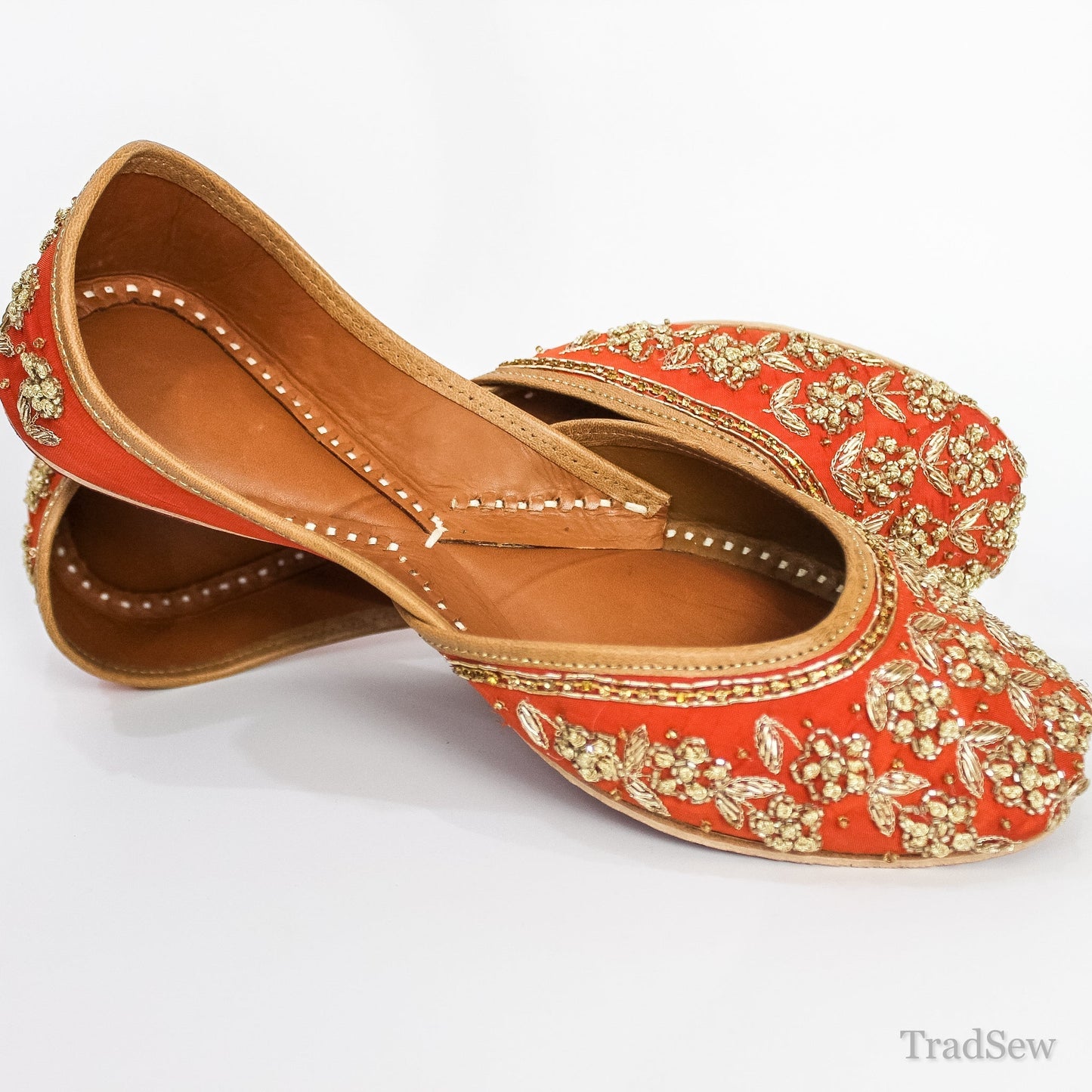 Traditional Red & Gold Ornate Leather Juttis by Tradsew