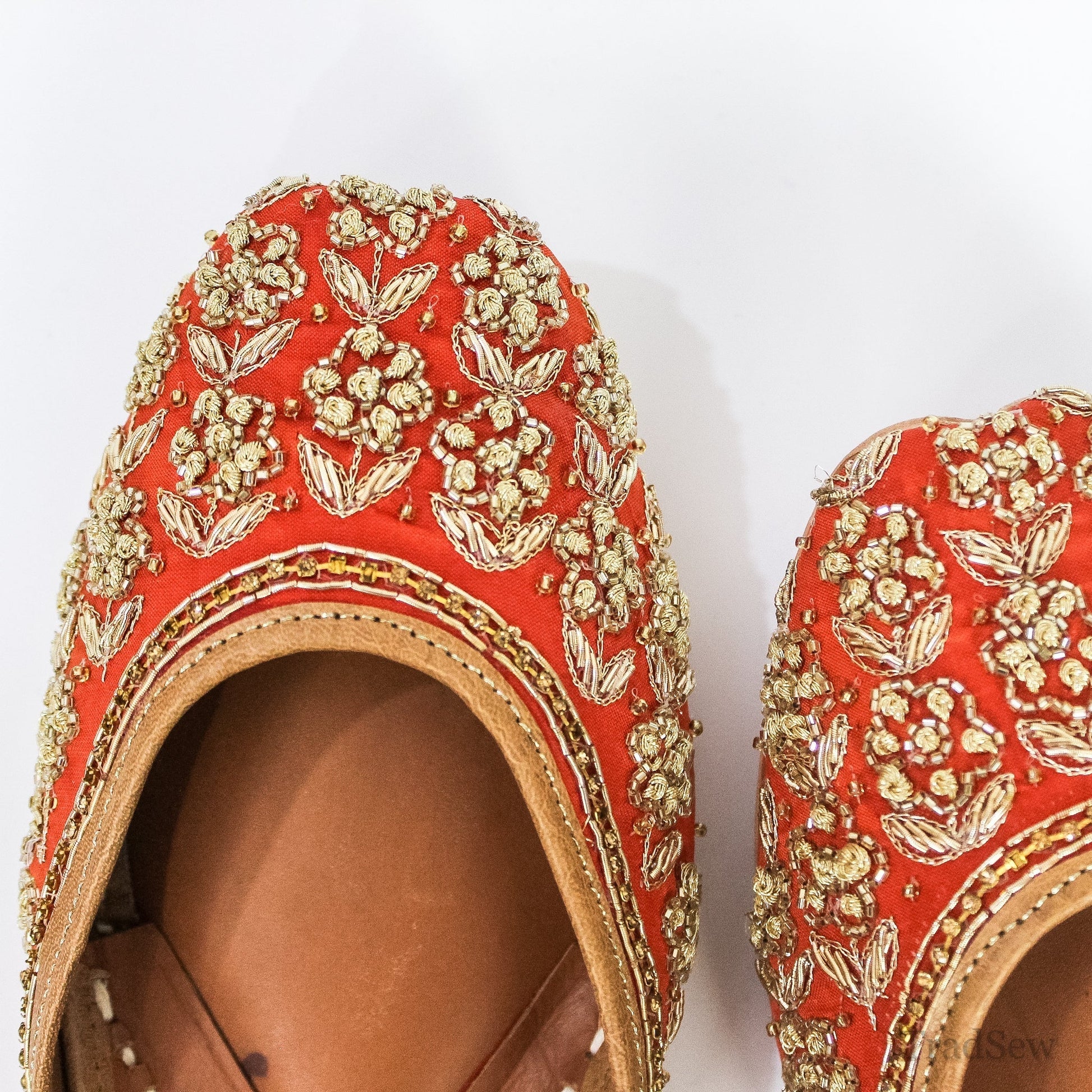 Traditional Red & Gold Ornate Leather Juttis by Tradsew