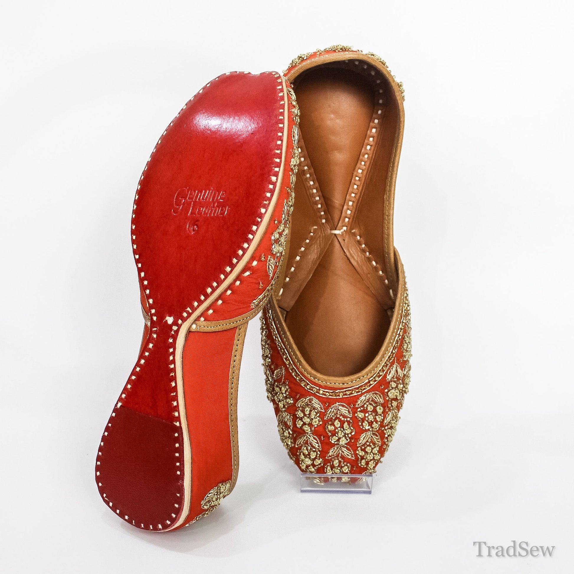 Traditional Red & Gold Ornate Leather Juttis by Tradsew