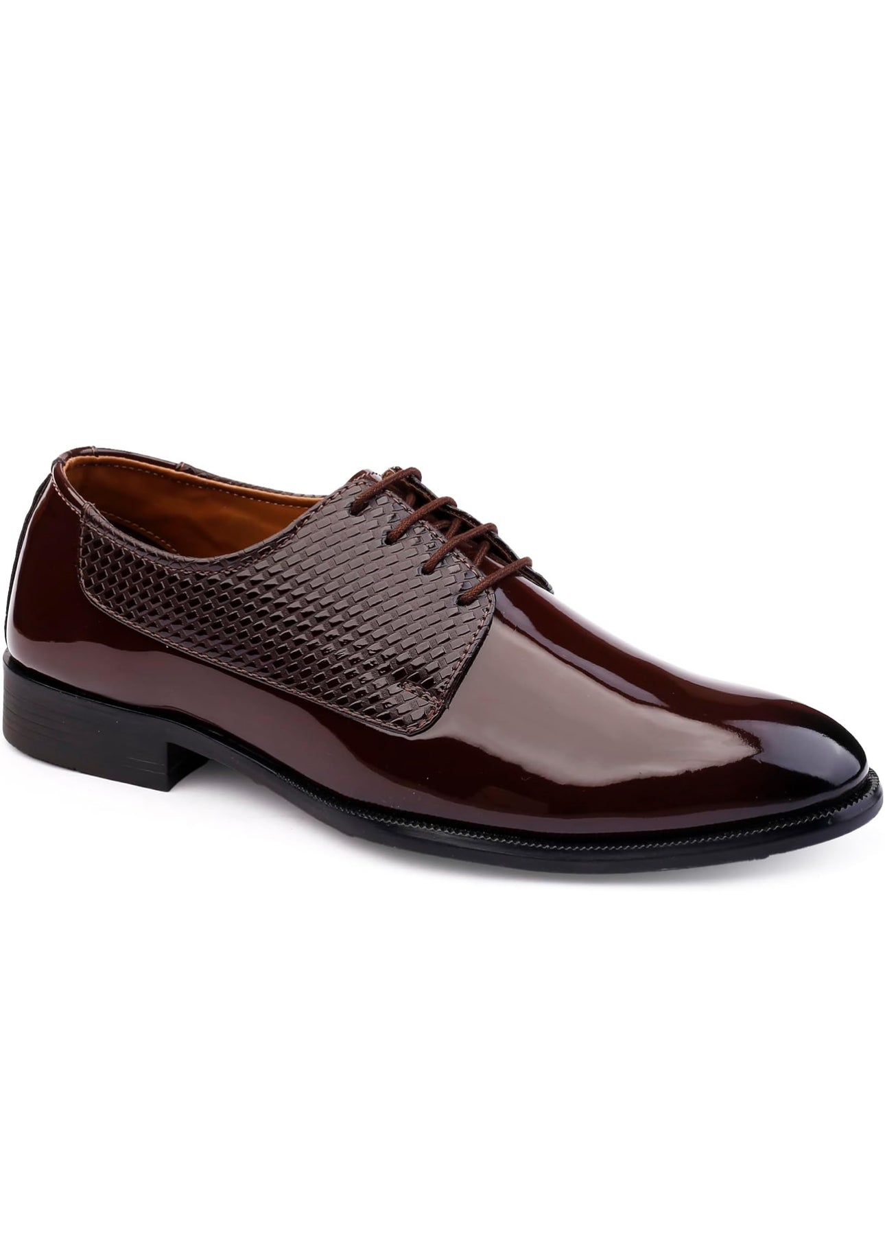 Brown patent leather dress shoe on a white background