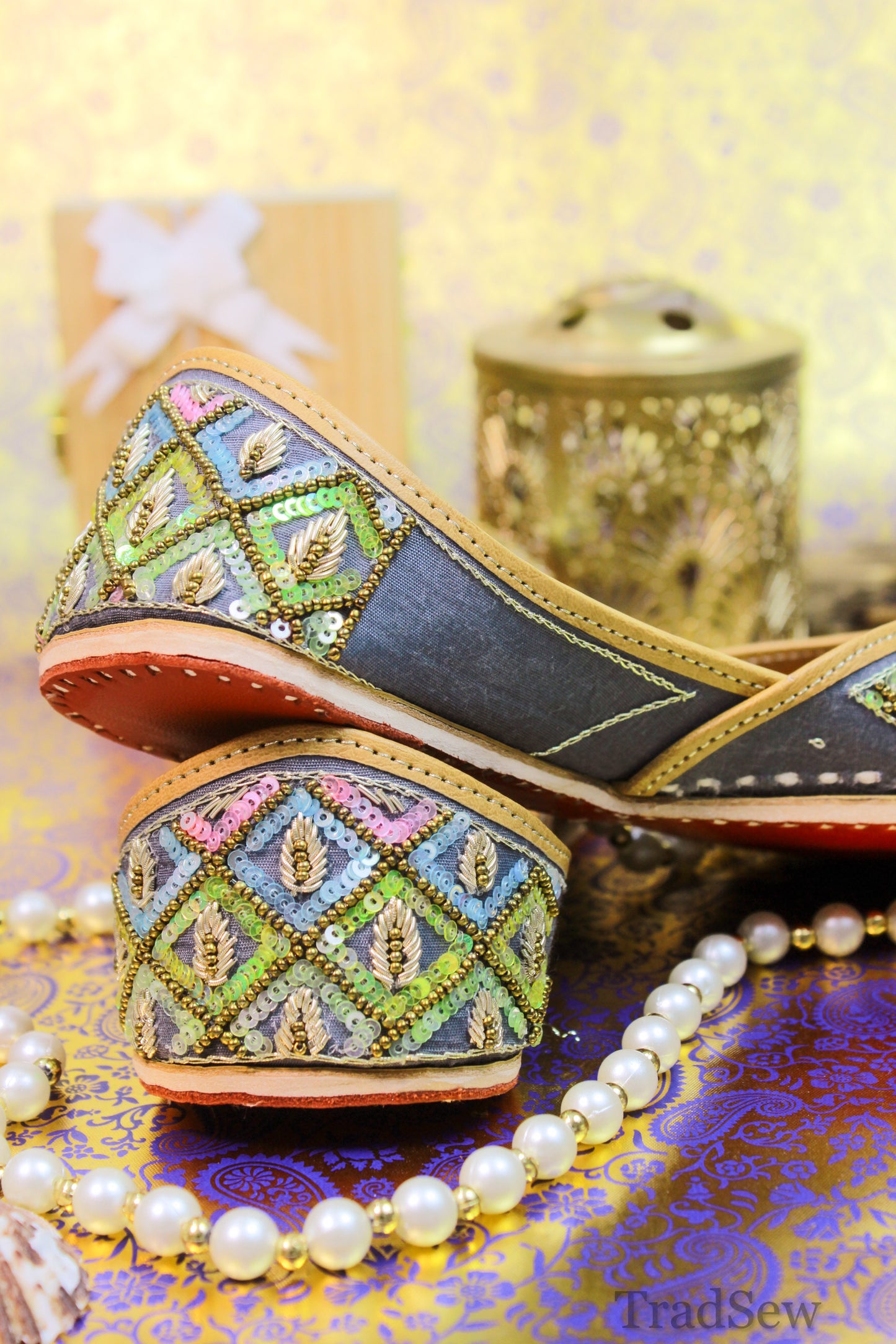 Mood shot of Waheeda Grey Punjabi Jutti for women