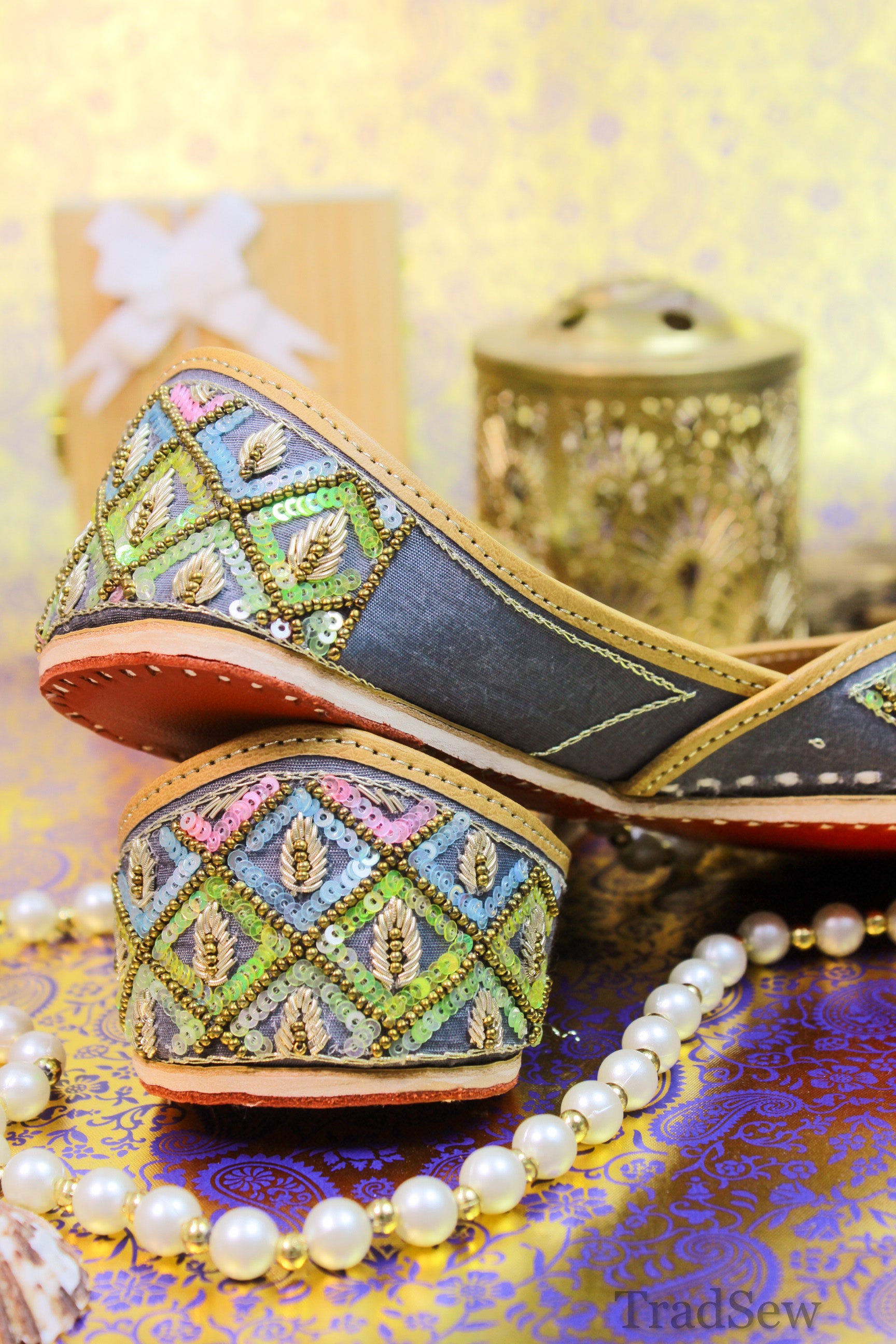 Mood shot of Waheeda Grey Punjabi Jutti for women