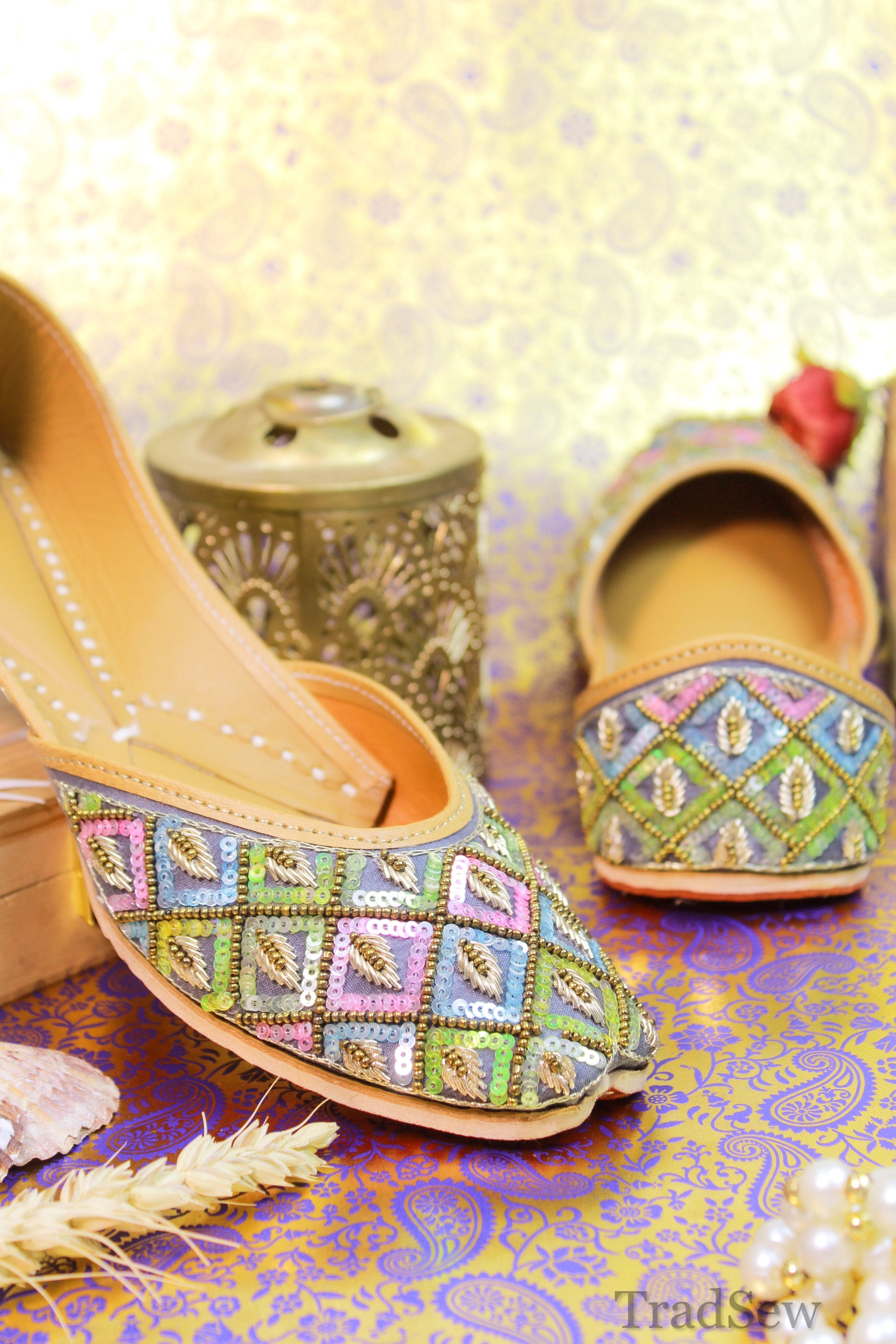 Mood shot of  Waheeda Grey Punjabi Jutti for women