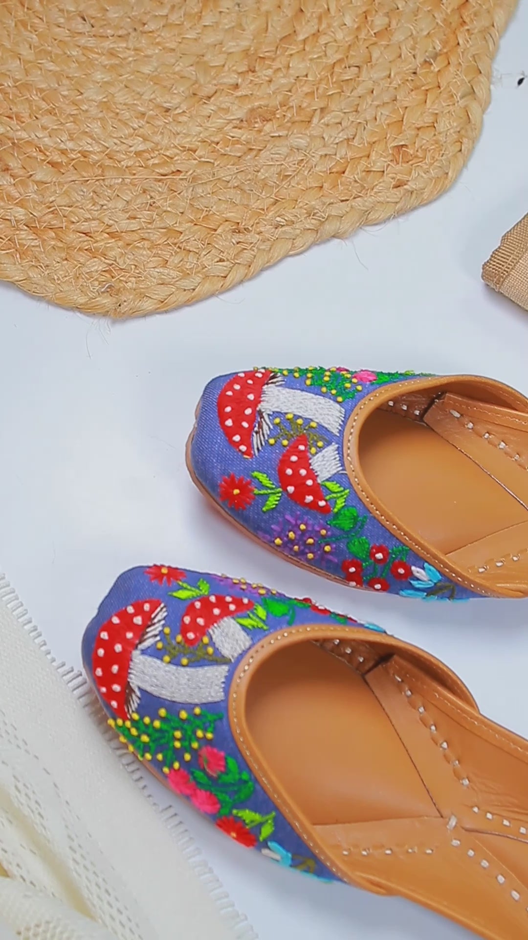 Mushroom embroidery on Denim Jutti, Punjabi jutti for women by tradsew.