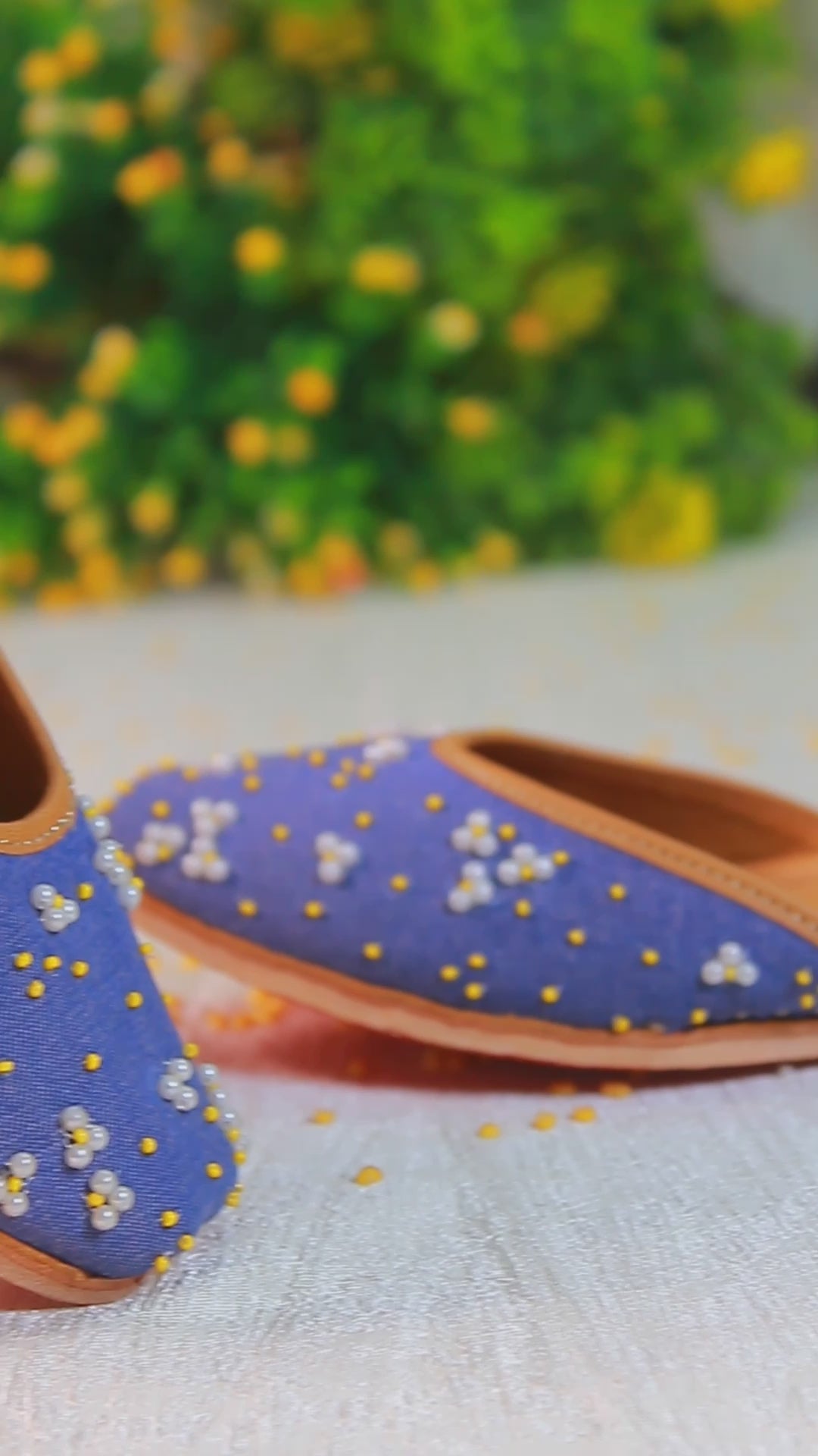 Pearl and beadwork denim punjabi jutti for women by tradsew