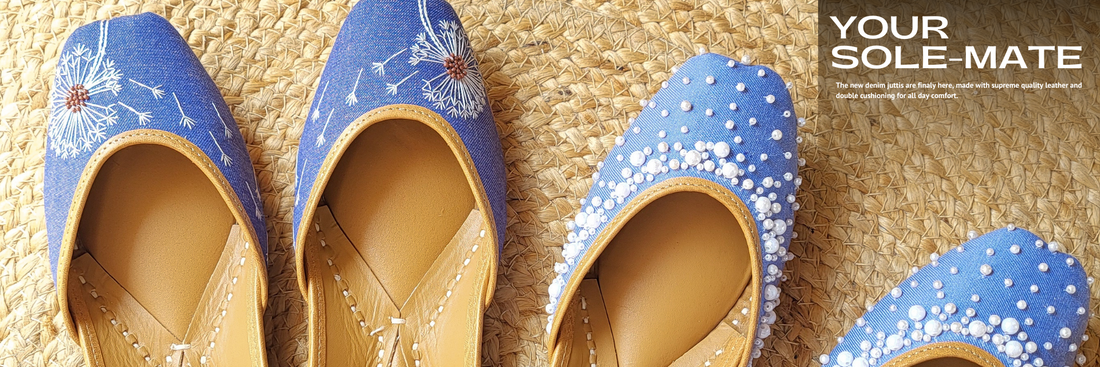 Handcrafted denim Punjabi juttis  – fusion footwear by Tradsew