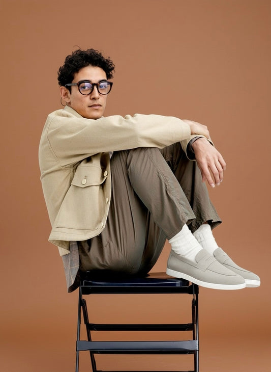 Person sitting on a chair wearing a beige jacket, gray pants, and arthur beige sneakers against a brown background