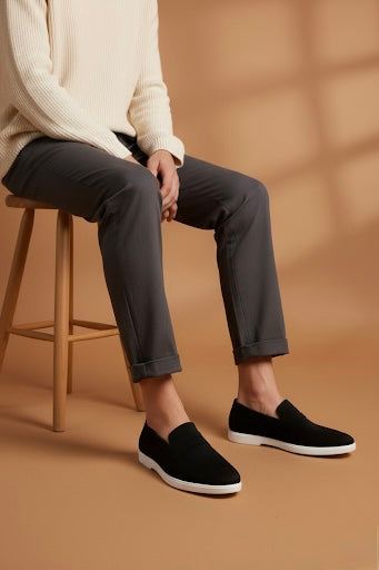 Person wearing black slip-on shoes sitting on a wooden stool against a brown background