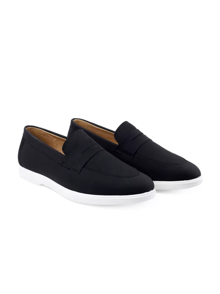 Pair of tradsew black casual loafers on a white background