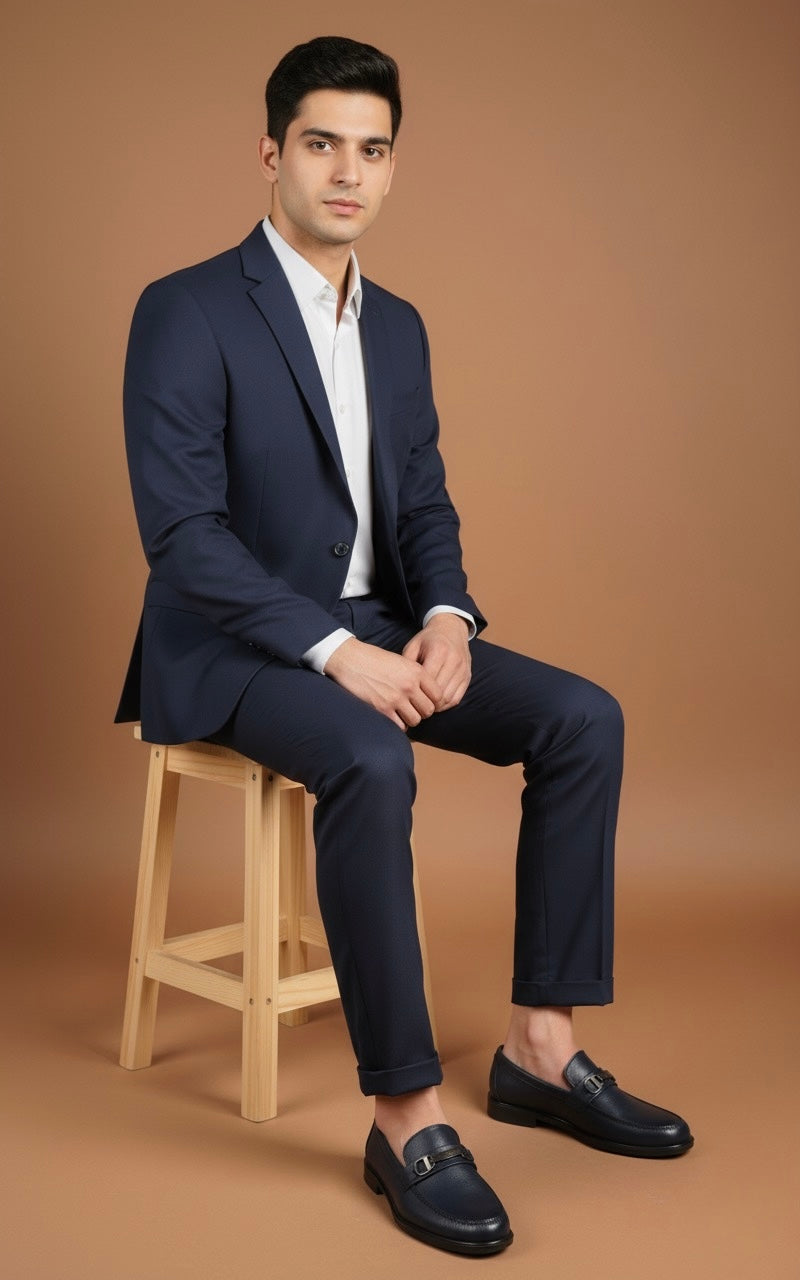 Man in a navy suit sitting on a wooden stool against a brown background