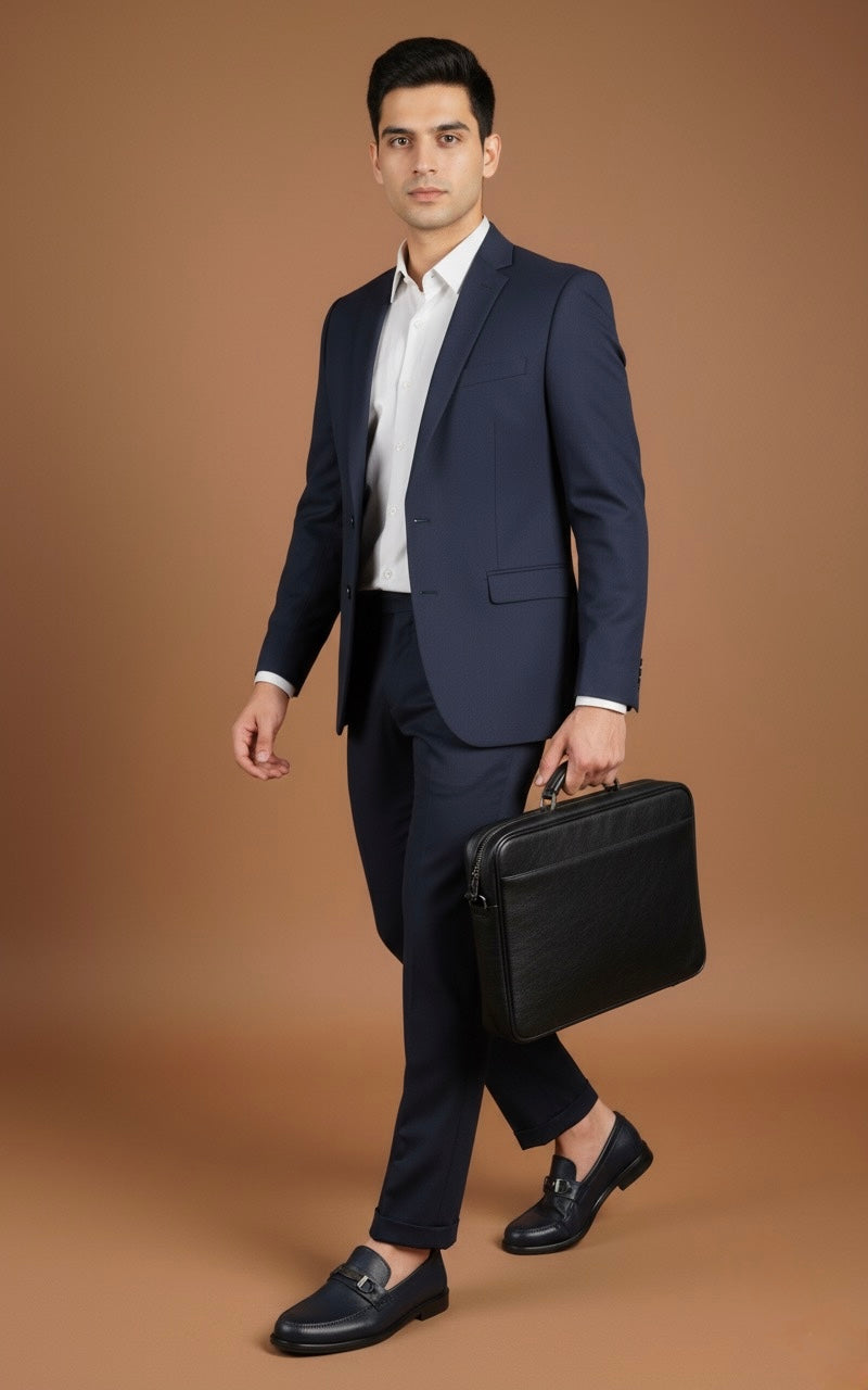 Man in a navy suit holding a black briefcase on a brown background