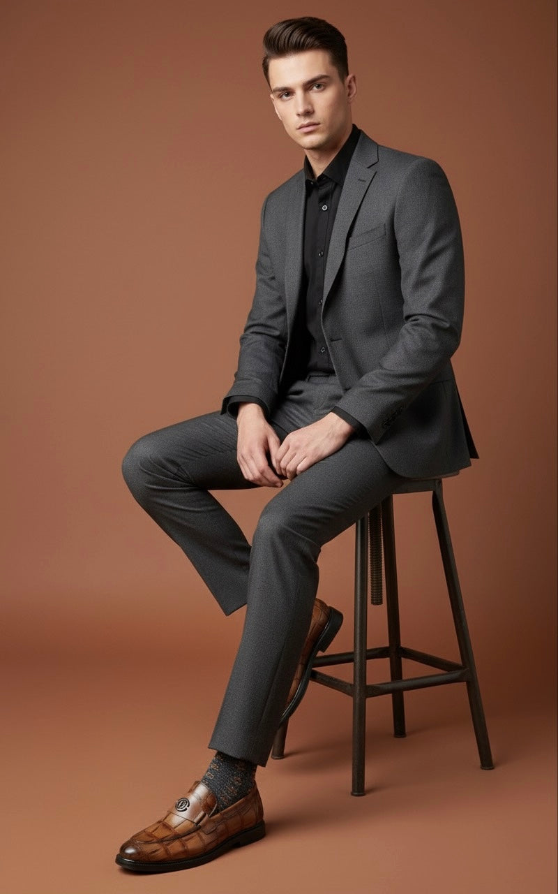 Man in a gray suit sitting on a stool against a brown background