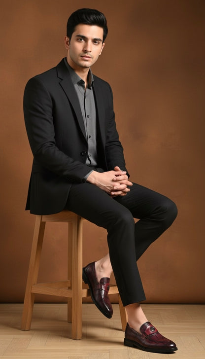 Man in a black suit sitting on a wooden stool against a brown background