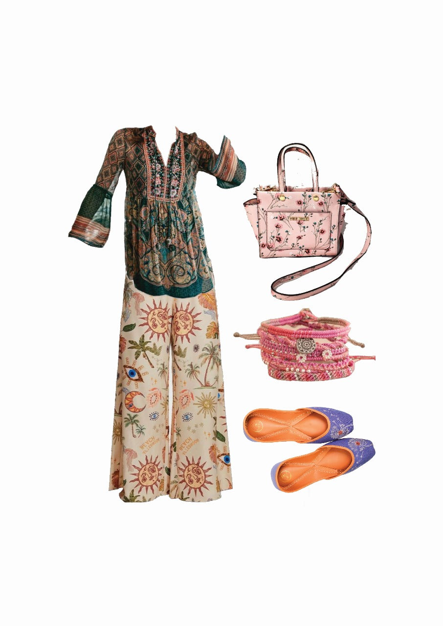 Outfit Inspiration for Dandelion embroidery two shade Denim Punjabi Jutti for women by tradsew