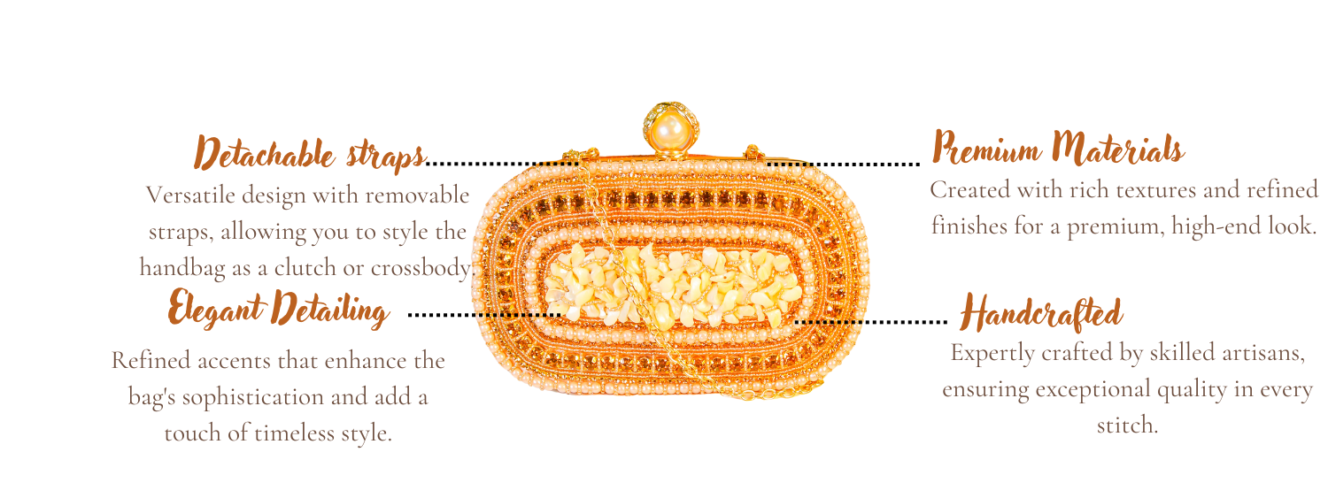 Features f Mayra Gold Designer Handcrafted Handbags for Women