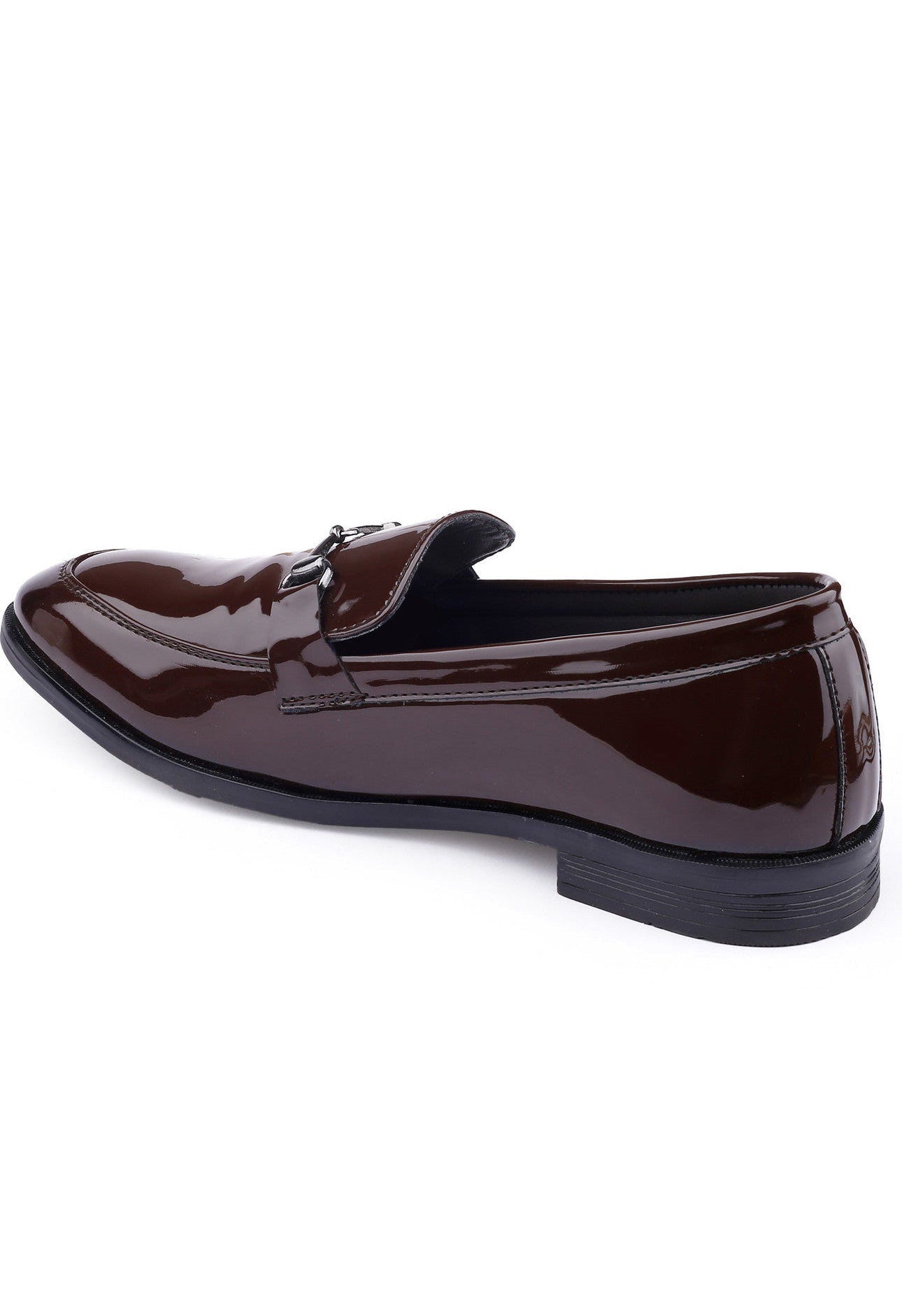 Brown patent leather loafer on a white background